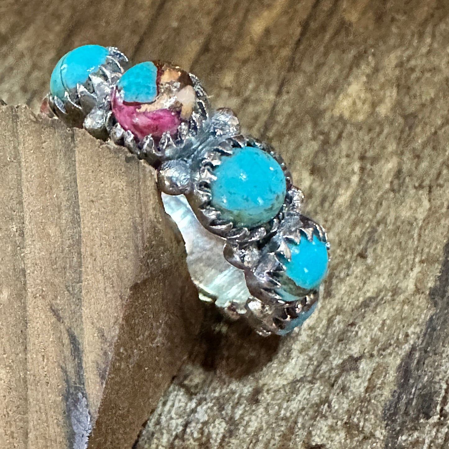 Pink Dream and Kingman Turquoise Sterling Silver Eternity Band Size 6 Silver Elegant