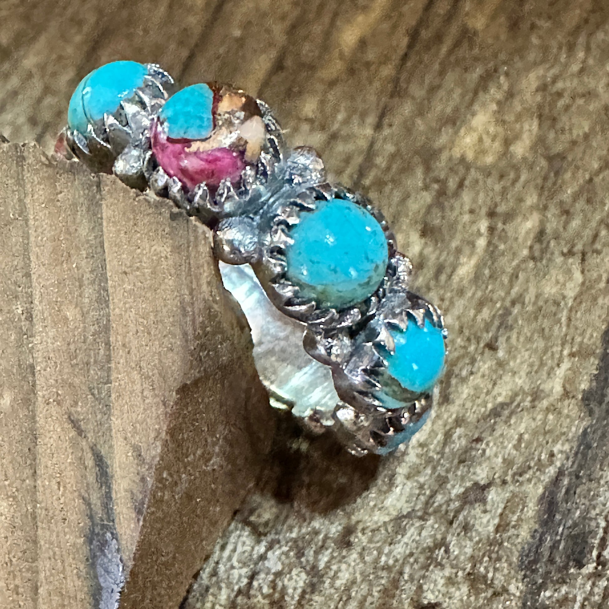 Pink Dream and Kingman Turquoise Sterling Silver Eternity Band Size 6 Silver Elegant