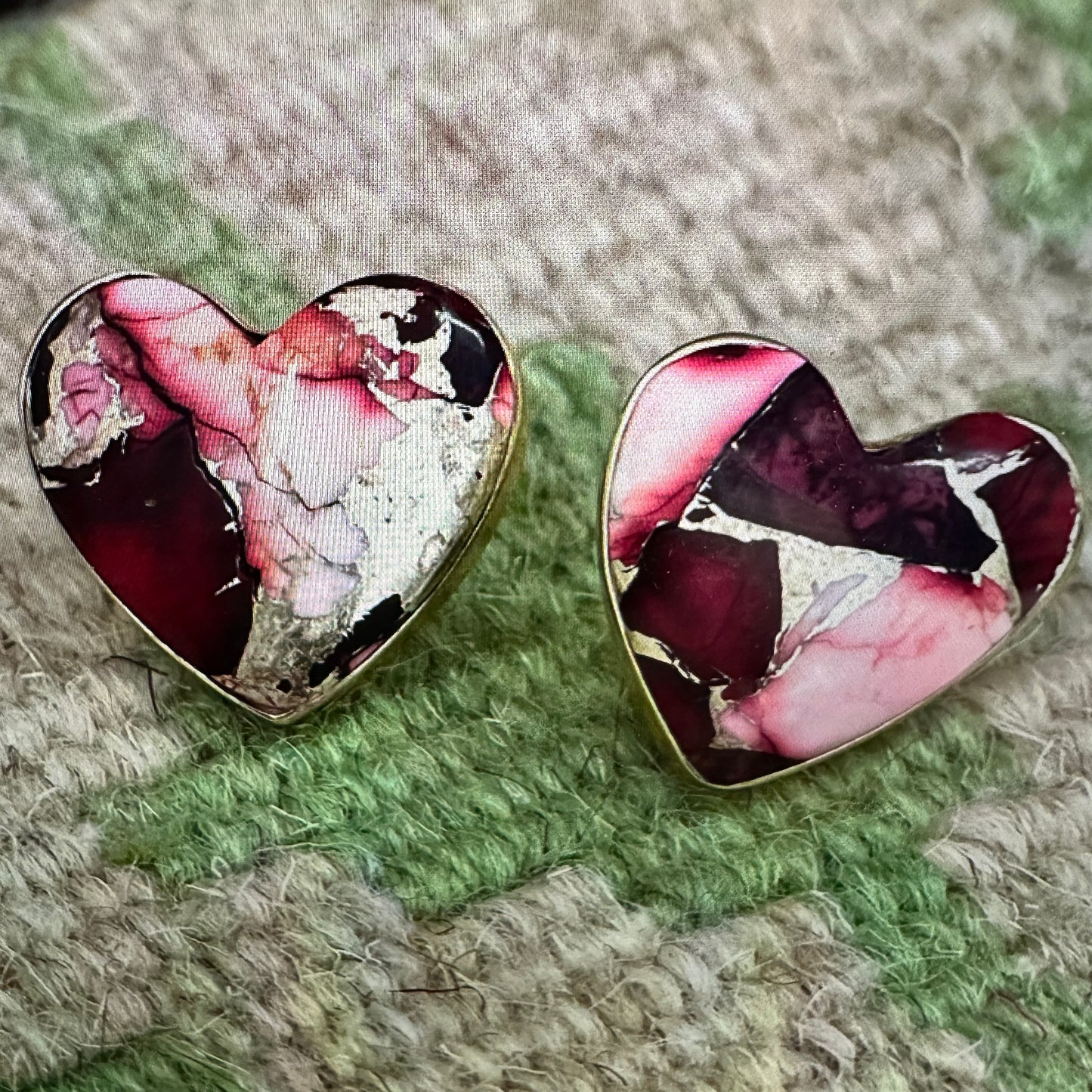 Handmade Dahlia Rose Heart Stud Earrings, Natural Stone, The Golden Collection Silver Elegant