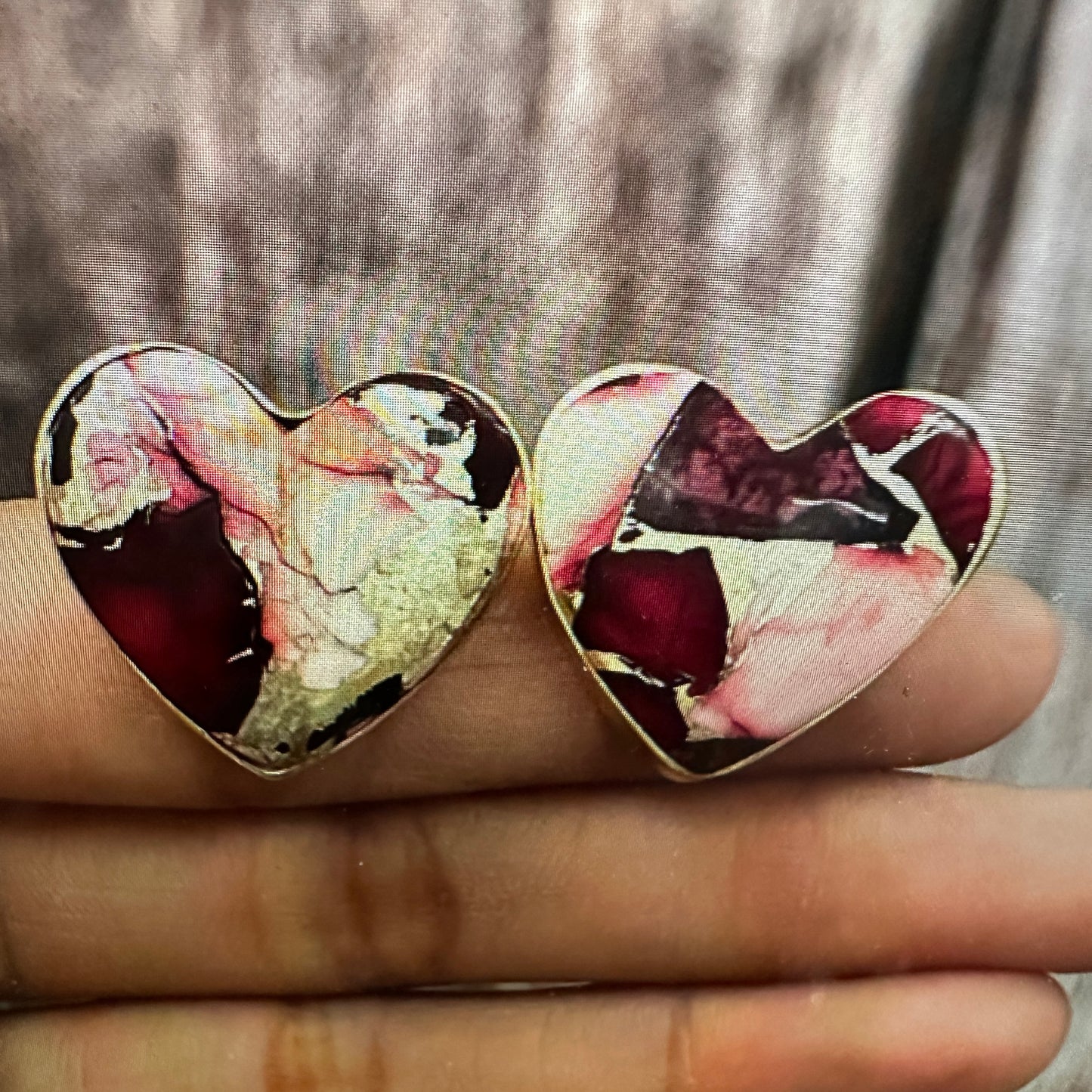 Handmade Dahlia Rose Heart Stud Earrings, Natural Stone, The Golden Collection Silver Elegant