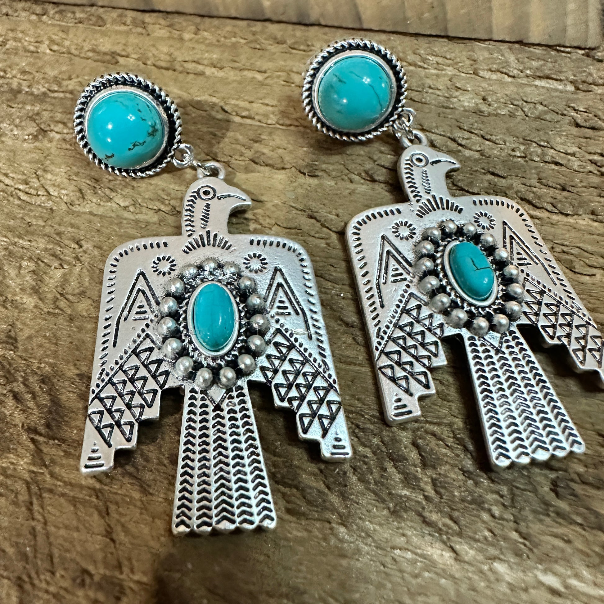 Thunderbird Turquoise 2.5 Inch Long Post Earrings in Antique Silver Finish Silver Elegant