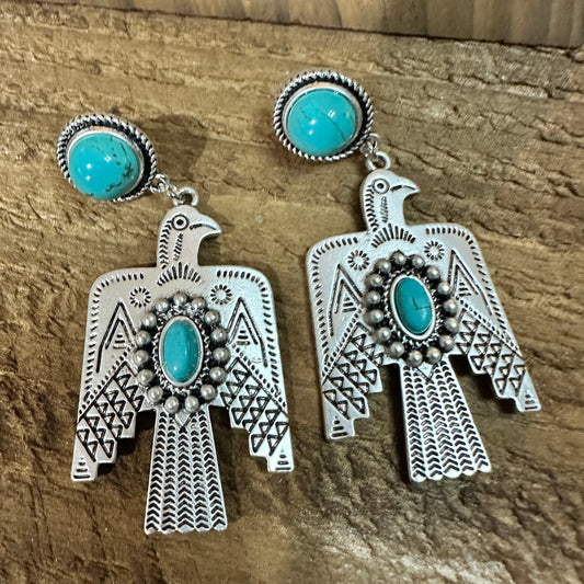 Thunderbird Turquoise 2.5 Inch Long Post Earrings in Antique Silver Finish Silver Elegant