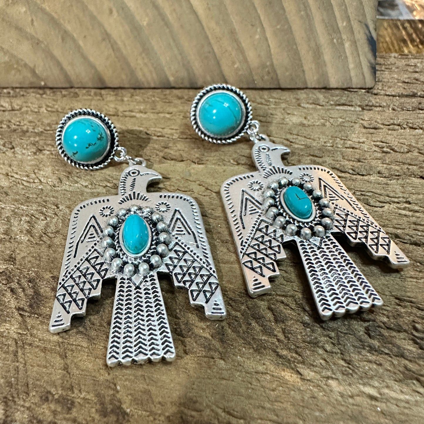 Thunderbird Turquoise 2.5 Inch Long Post Earrings in Antique Silver Finish Silver Elegant