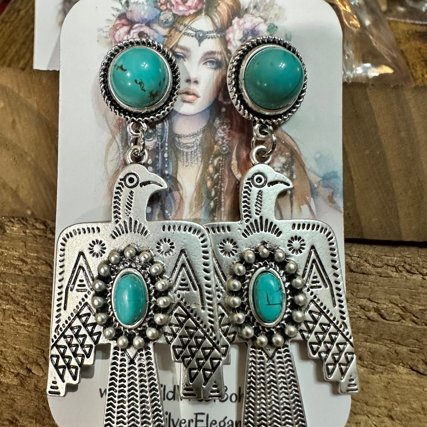 Thunderbird Turquoise 2.5 Inch Long Post Earrings in Antique Silver Finish Silver Elegant