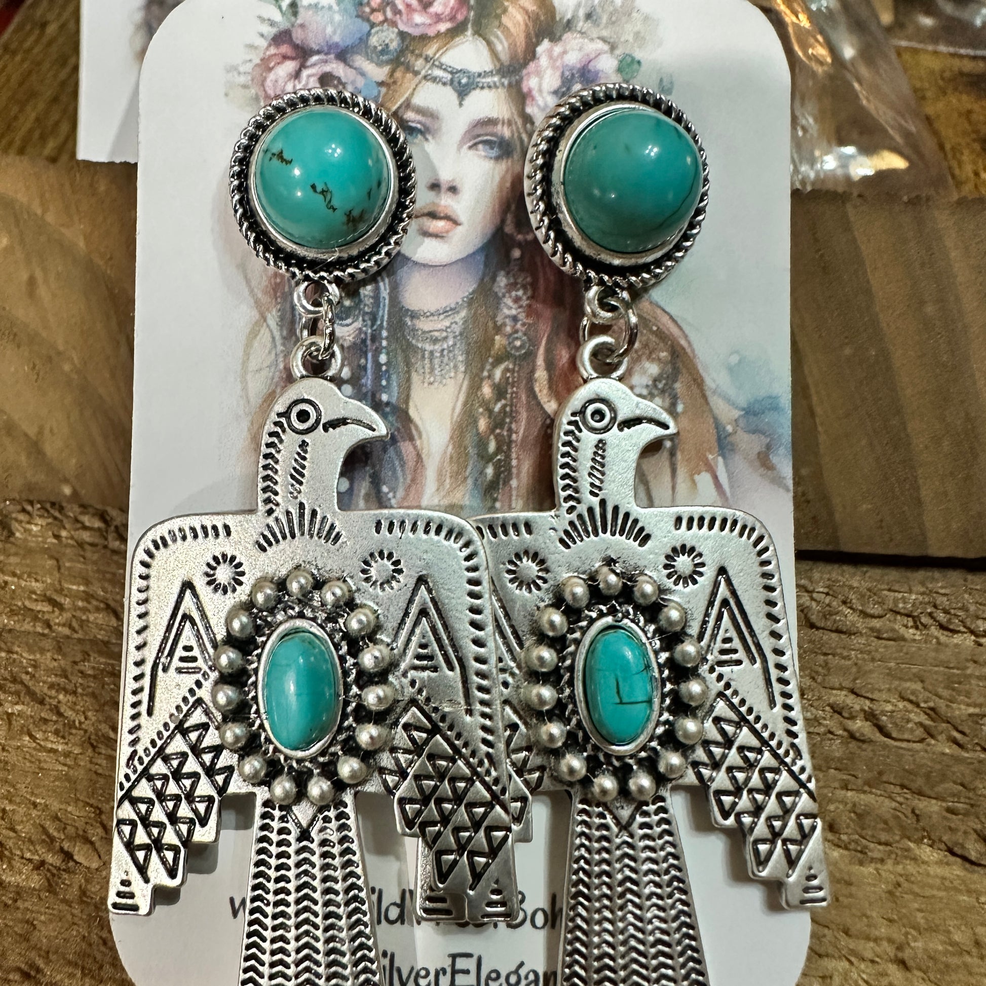 Thunderbird Turquoise 2.5 Inch Long Post Earrings in Antique Silver Finish Silver Elegant