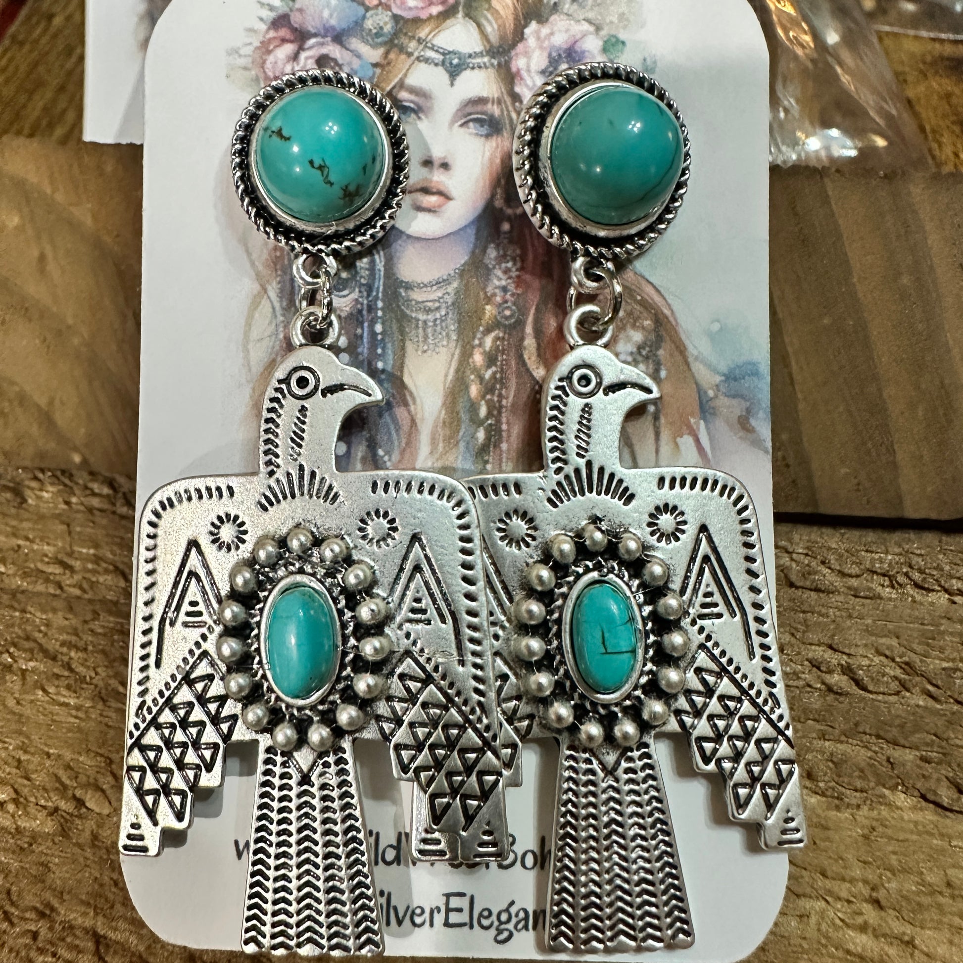Thunderbird Turquoise 2.5 Inch Long Post Earrings in Antique Silver Finish Silver Elegant