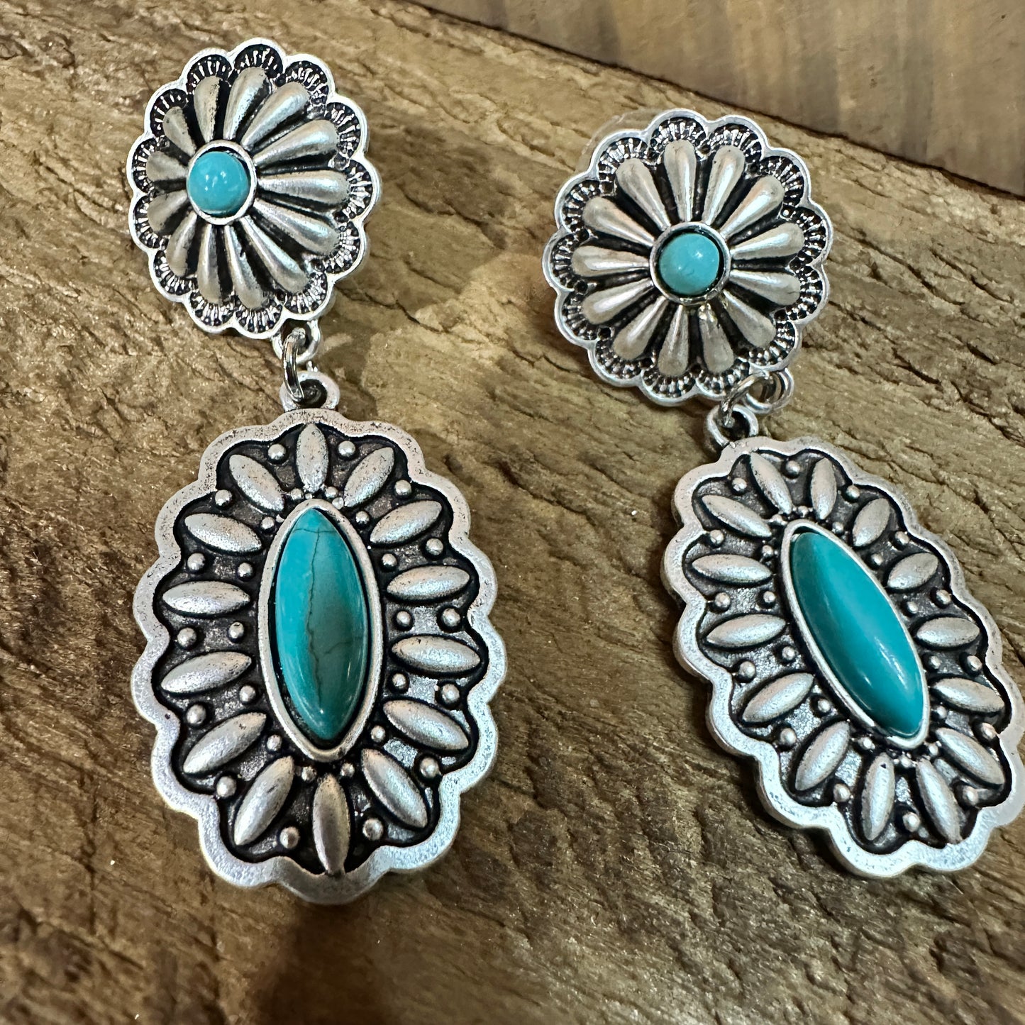 Concho Turquoise Brass Post Earrings 2.2 Inches Long Antique Silver Plate Silver Elegant