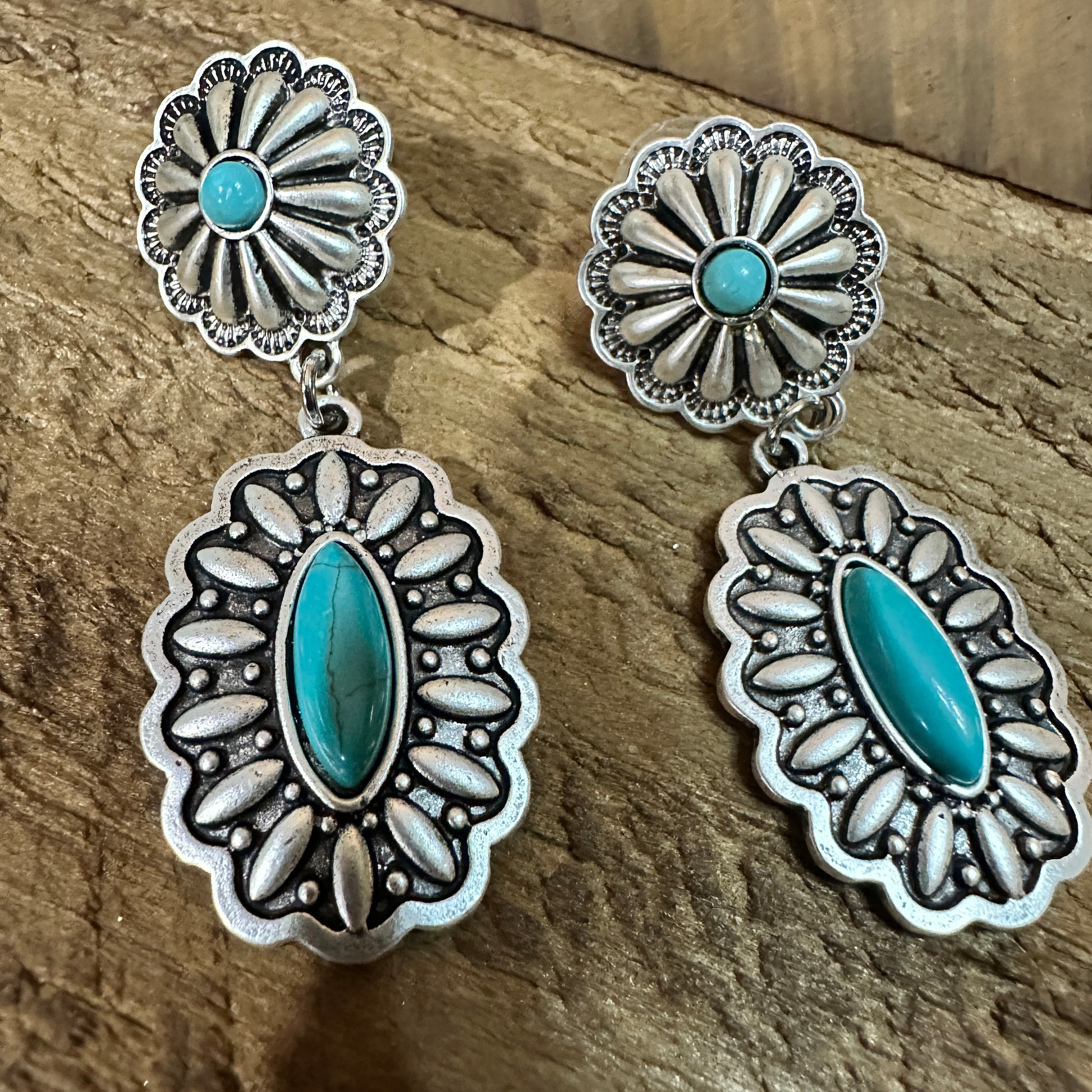 Concho Turquoise Brass Post Earrings 2.2 Inches Long Antique Silver Plate Silver Elegant