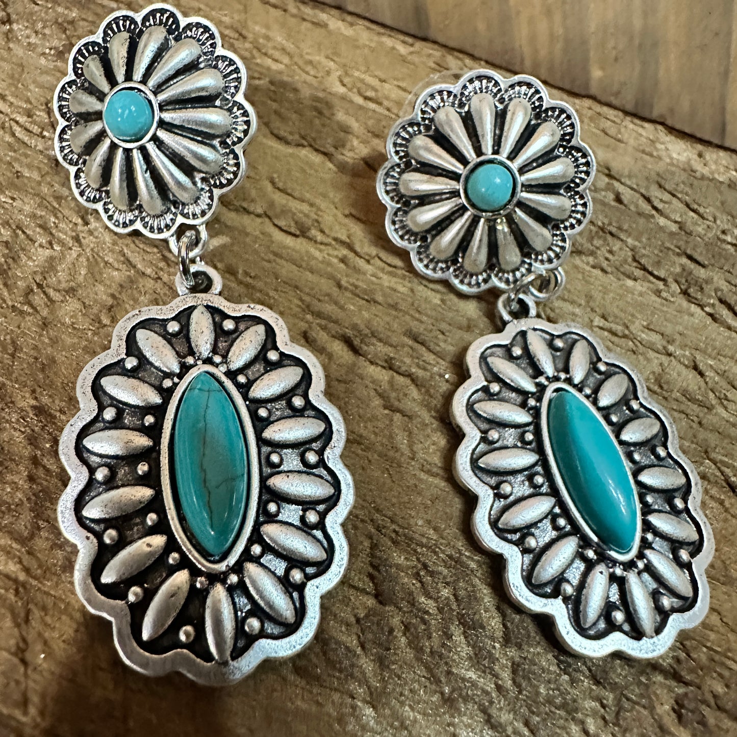 Concho Turquoise Brass Post Earrings 2.2 Inches Long Antique Silver Plate Silver Elegant