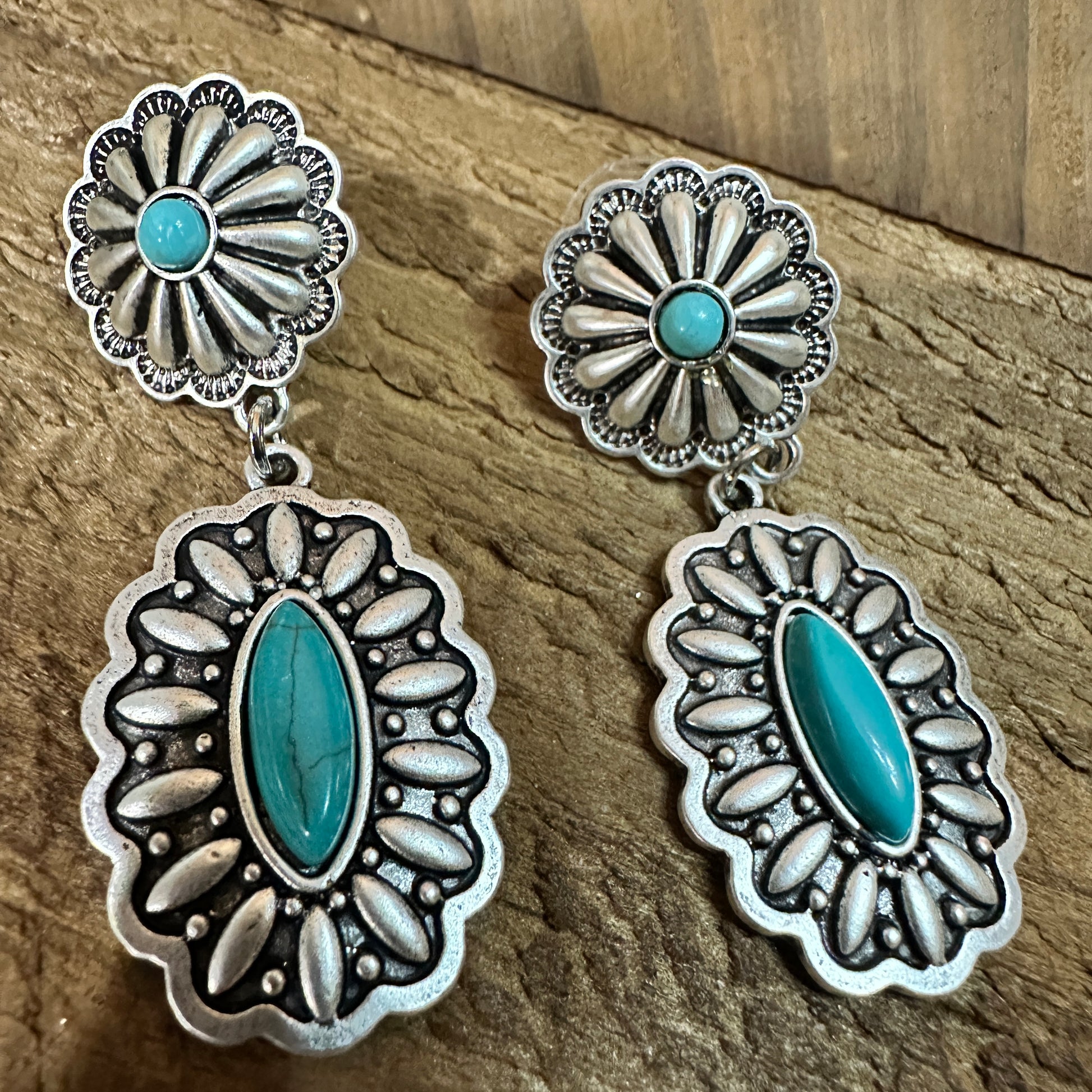 Concho Turquoise Brass Post Earrings 2.2 Inches Long Antique Silver Plate Silver Elegant