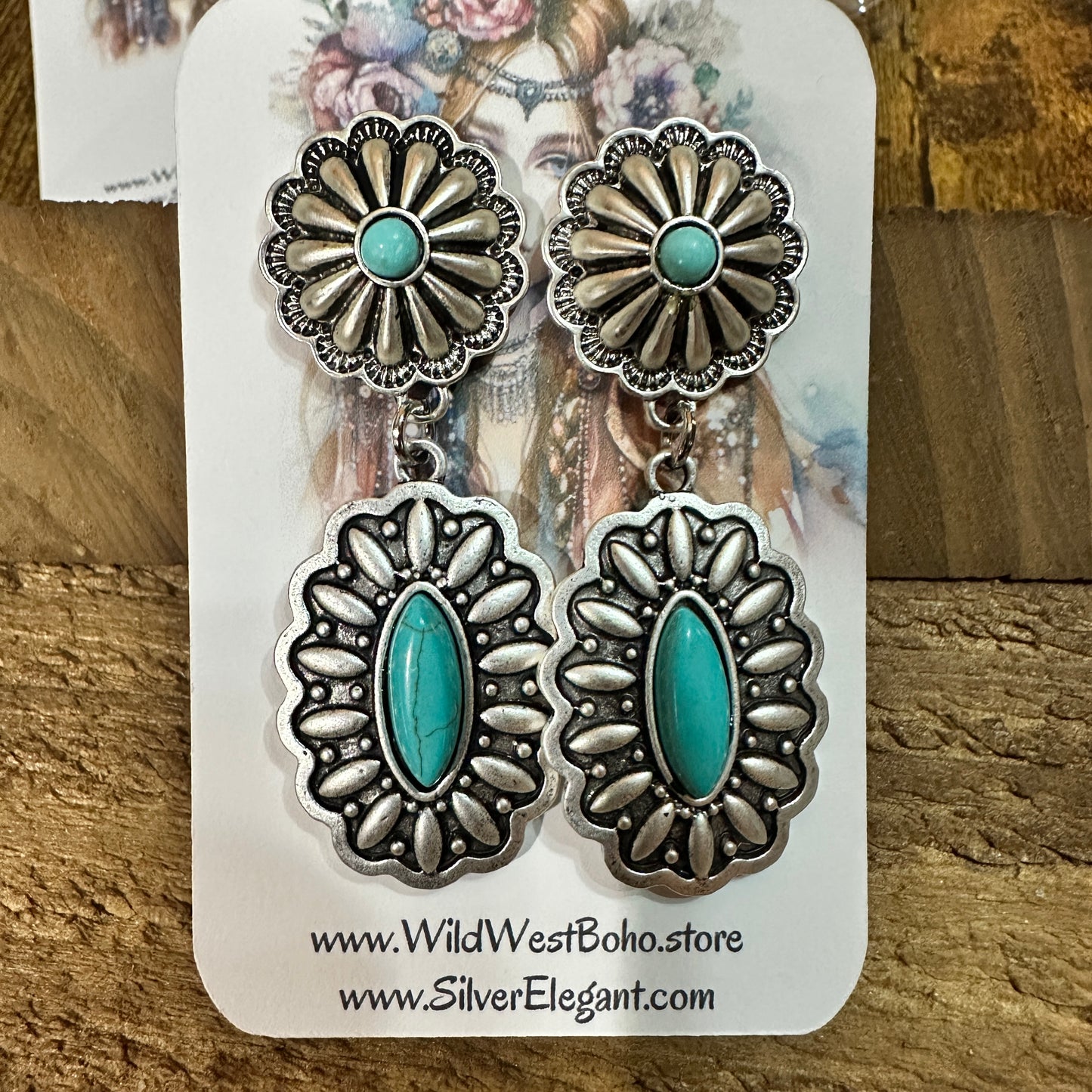Concho Turquoise Brass Post Earrings 2.2 Inches Long Antique Silver Plate Silver Elegant