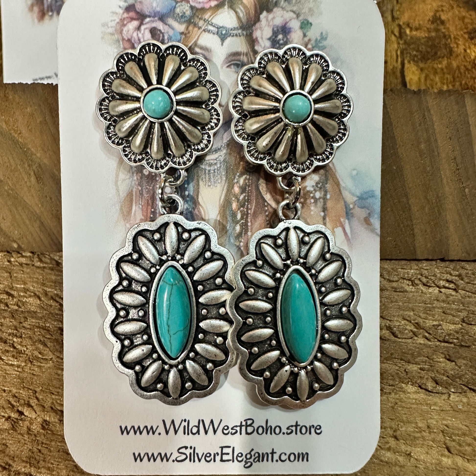 Concho Turquoise Brass Post Earrings 2.2 Inches Long Antique Silver Plate Silver Elegant
