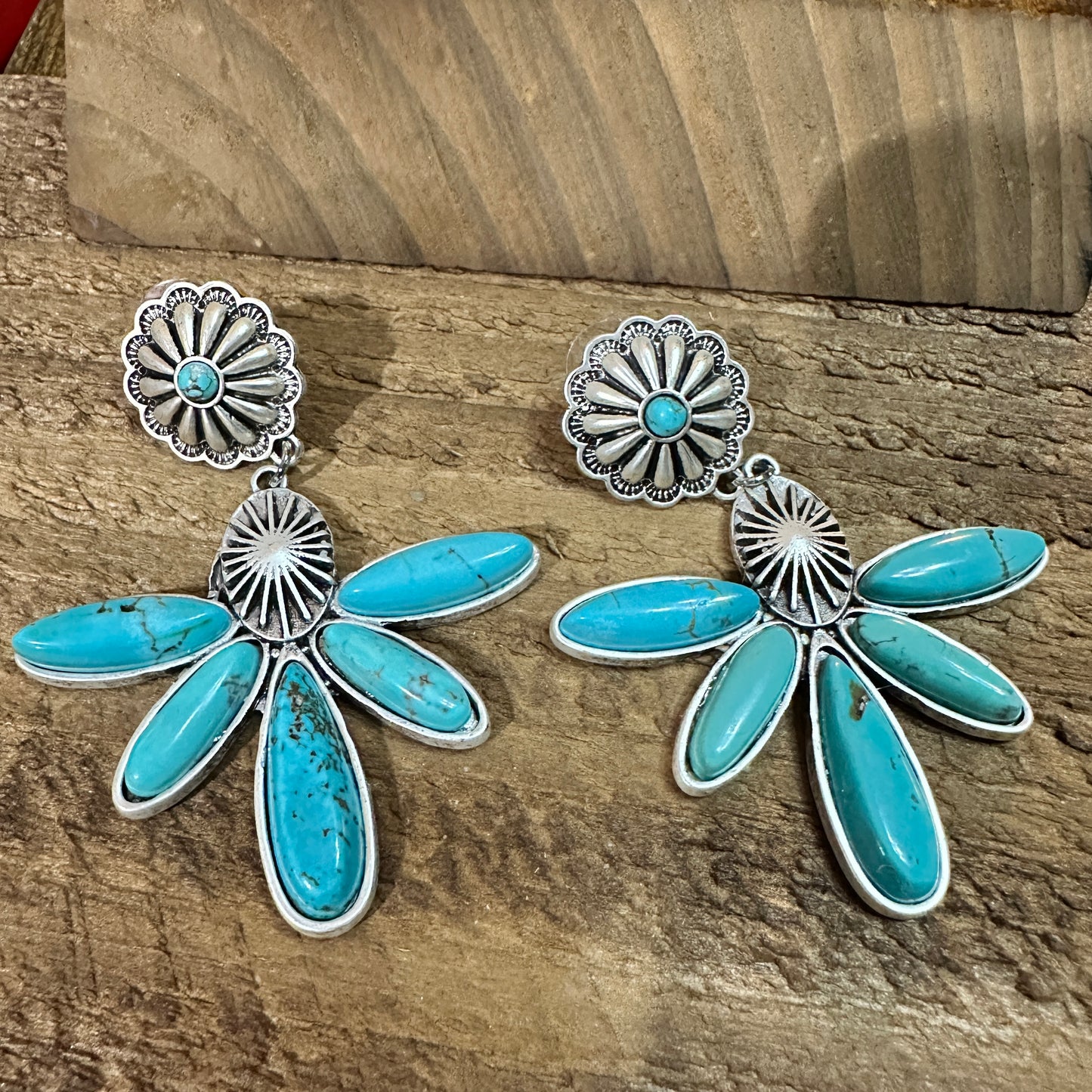 Navajo Turquoise Concho Post Earrings 2.7 Inches Long Antique Silver Plate Silver Elegant