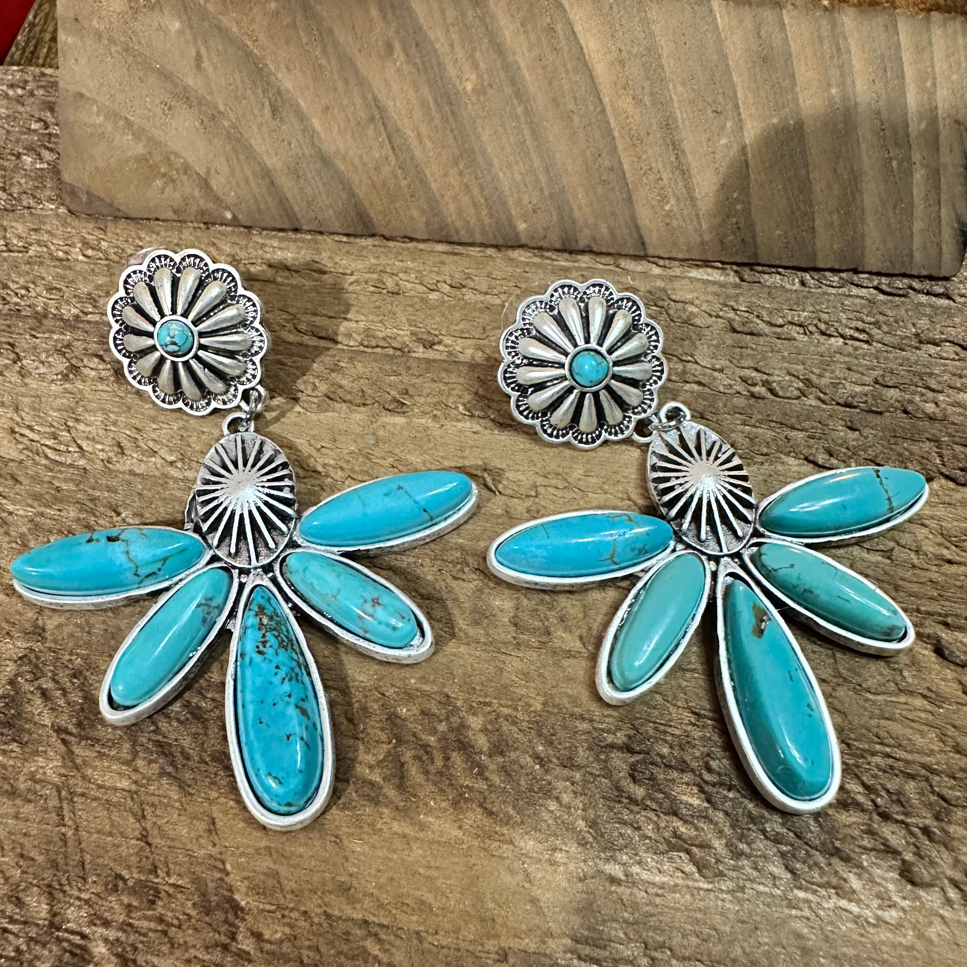Navajo Turquoise Concho Post Earrings 2.7 Inches Long Antique Silver Plate Silver Elegant