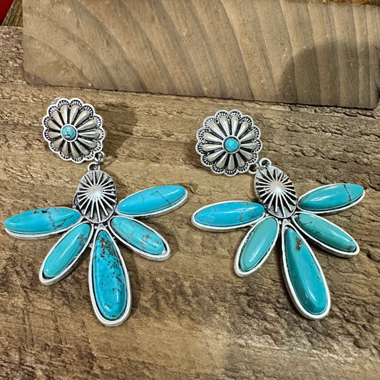 Navajo Turquoise Concho Post Earrings 2.7 Inches Long Antique Silver Plate Silver Elegant