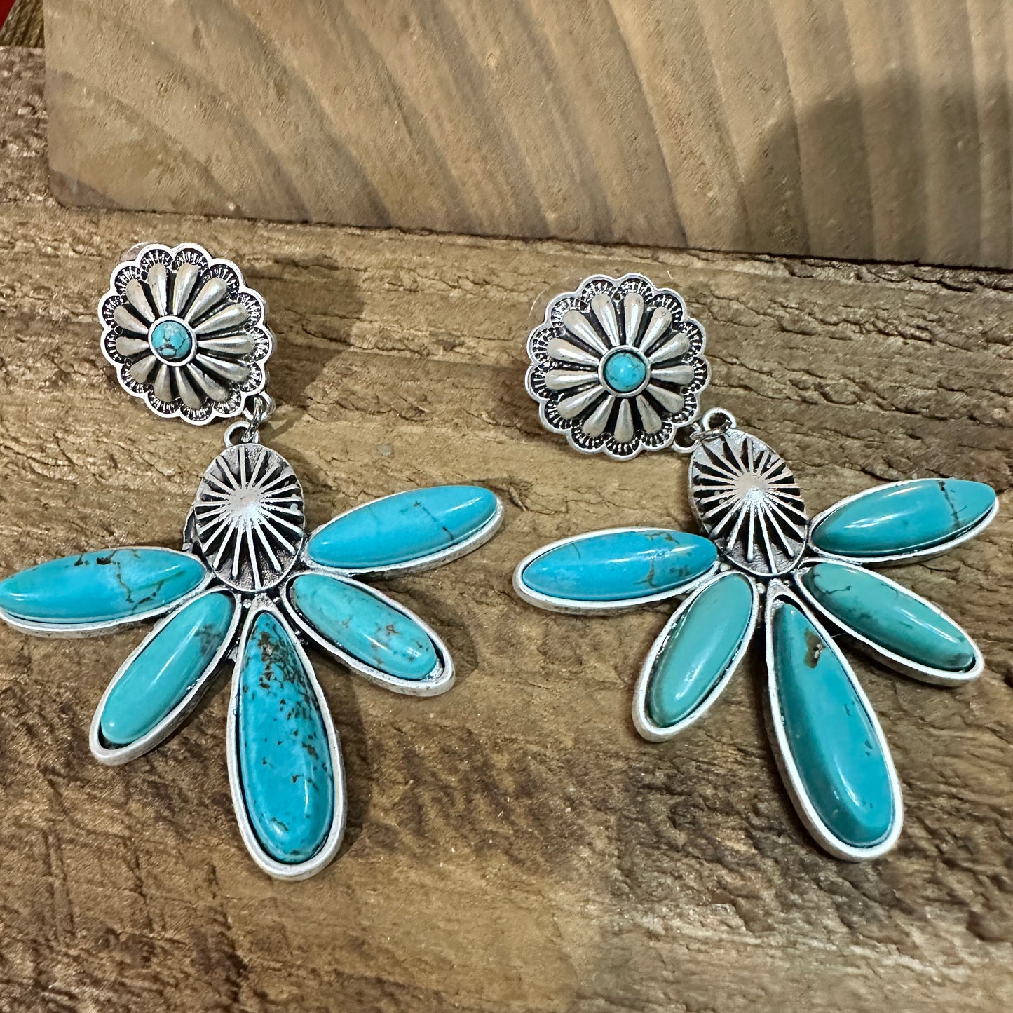 Navajo Turquoise Concho Post Earrings 2.7 Inches Long Antique Silver Plate Silver Elegant