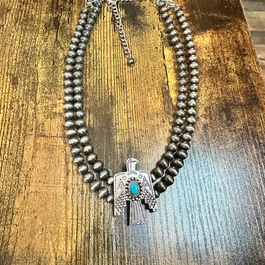 Handmade Navajo Faux Pearl Bead Thunderbird Necklace, Turquoise 16 Inch Two Strand Design Silver Elegant