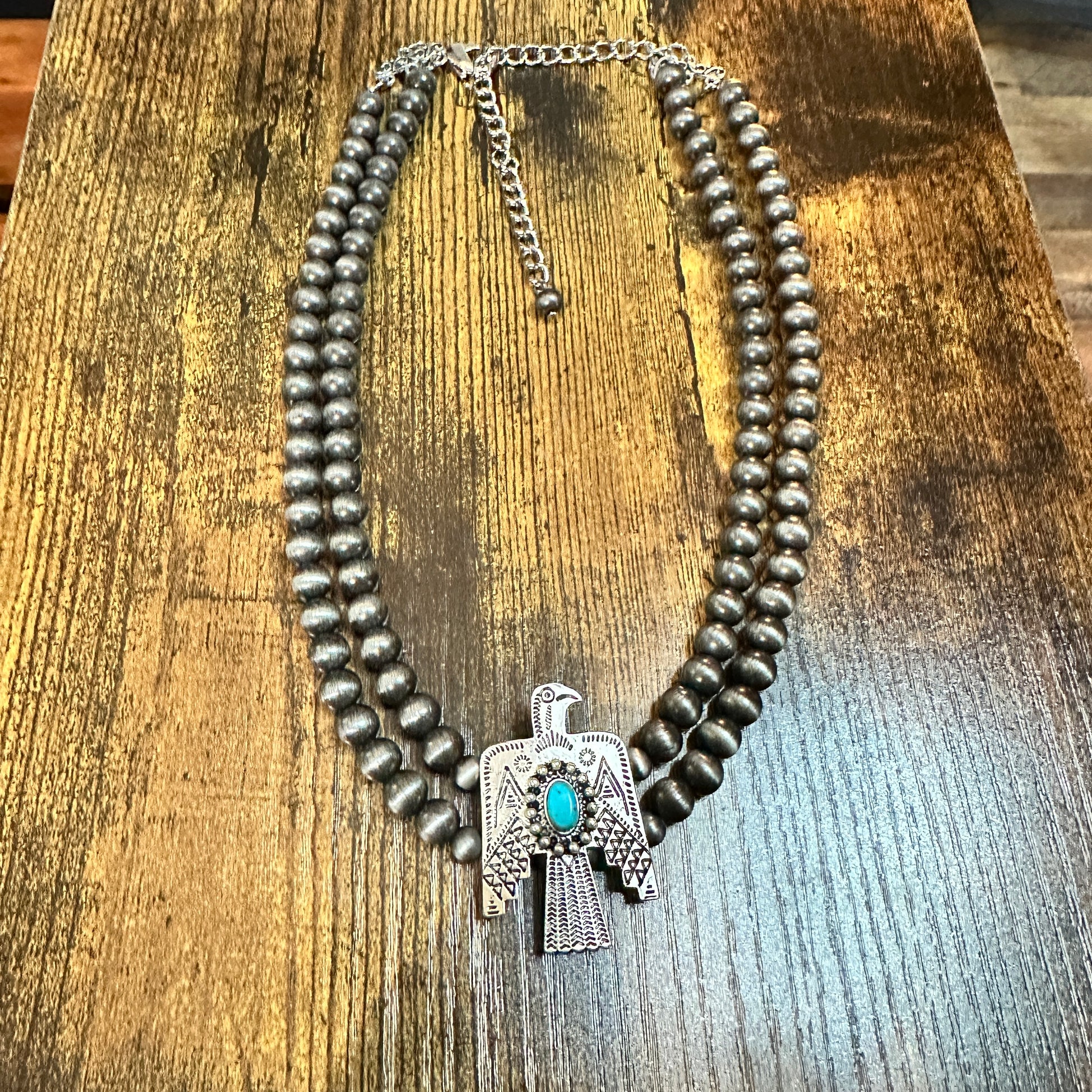 Handmade Navajo Faux Pearl Bead Thunderbird Necklace, Turquoise 16 Inch Two Strand Design Silver Elegant