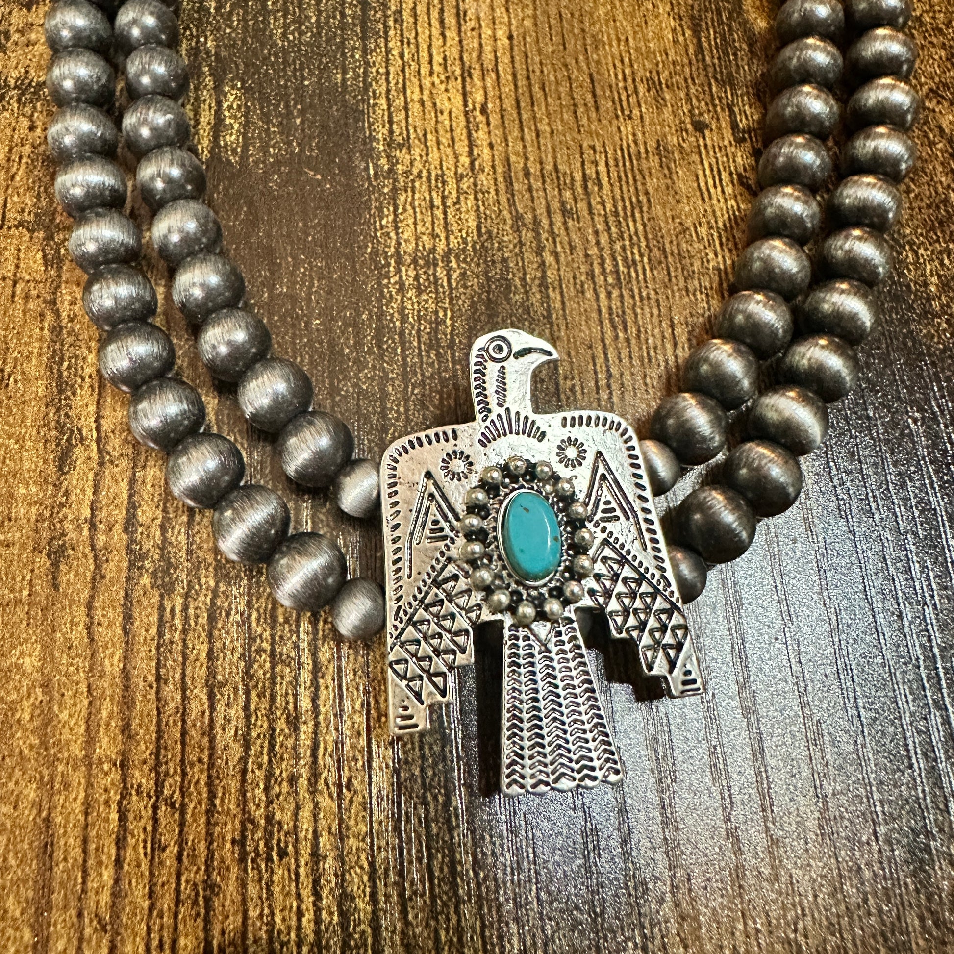 Handmade Navajo Faux Pearl Bead Thunderbird Necklace, Turquoise 16 Inch Two Strand Design Silver Elegant