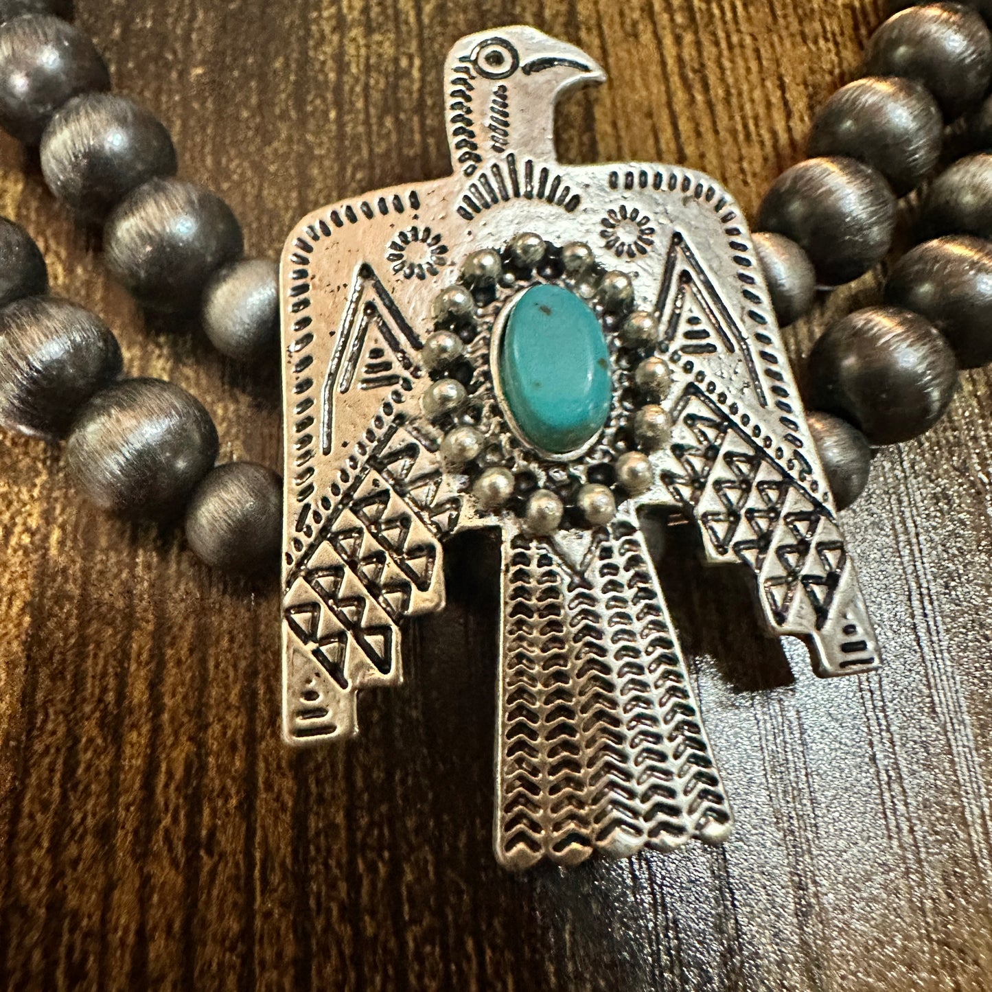 Handmade Navajo Faux Pearl Bead Thunderbird Necklace, Turquoise 16 Inch Two Strand Design Silver Elegant