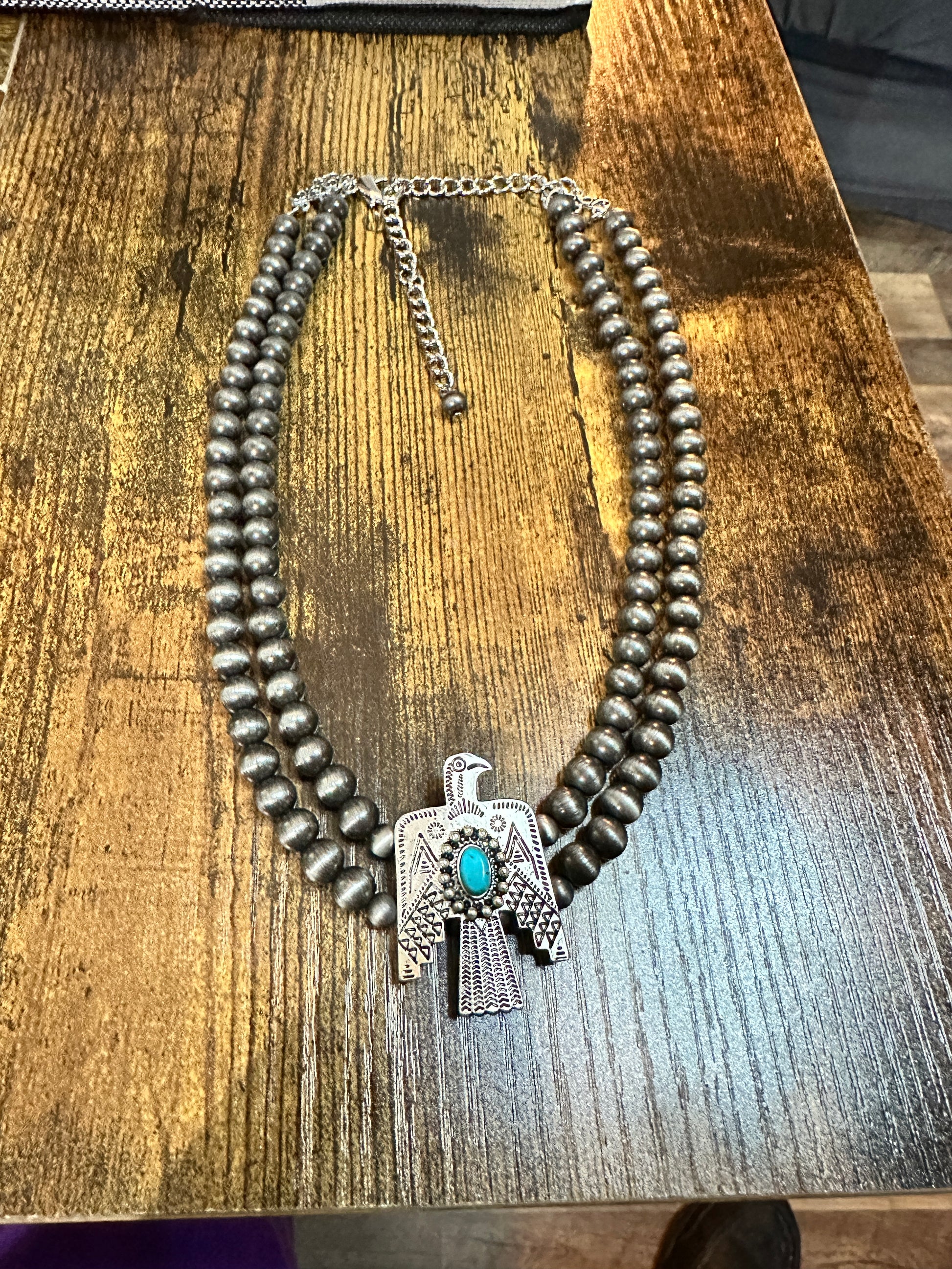 Handmade Navajo Faux Pearl Bead Thunderbird Necklace, Turquoise 16 Inch Two Strand Design Silver Elegant