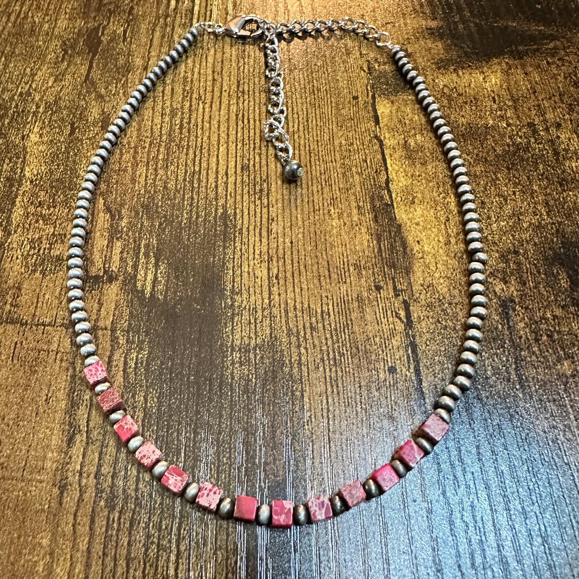 Handmade Square Gemstone Necklace , Faux Silver Pearl Navajo Beads 15 to 20 Inches Silver Elegant