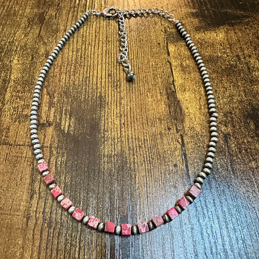 Handmade Square Gemstone Necklace , Faux Silver Pearl Navajo Beads 15 to 20 Inches Silver Elegant