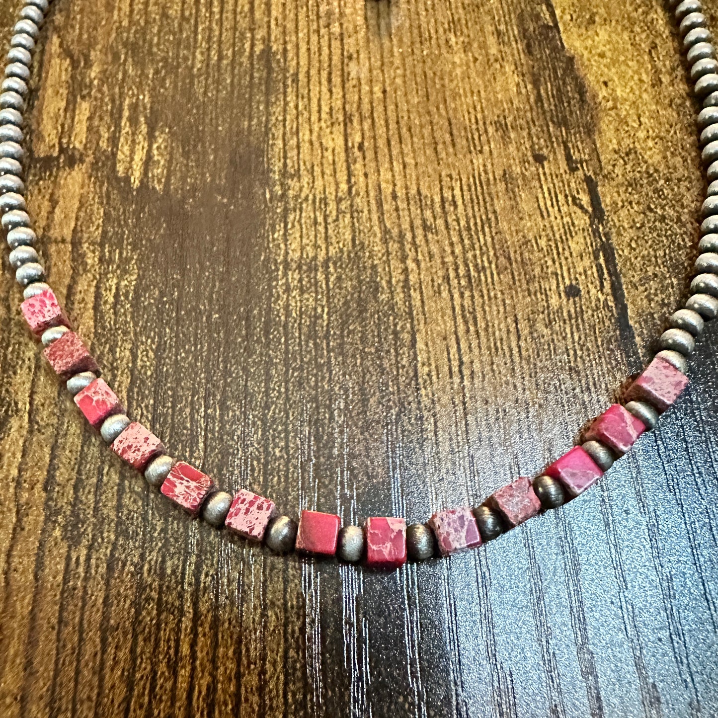 Handmade Square Gemstone Necklace , Faux Silver Pearl Navajo Beads 15 to 20 Inches Silver Elegant
