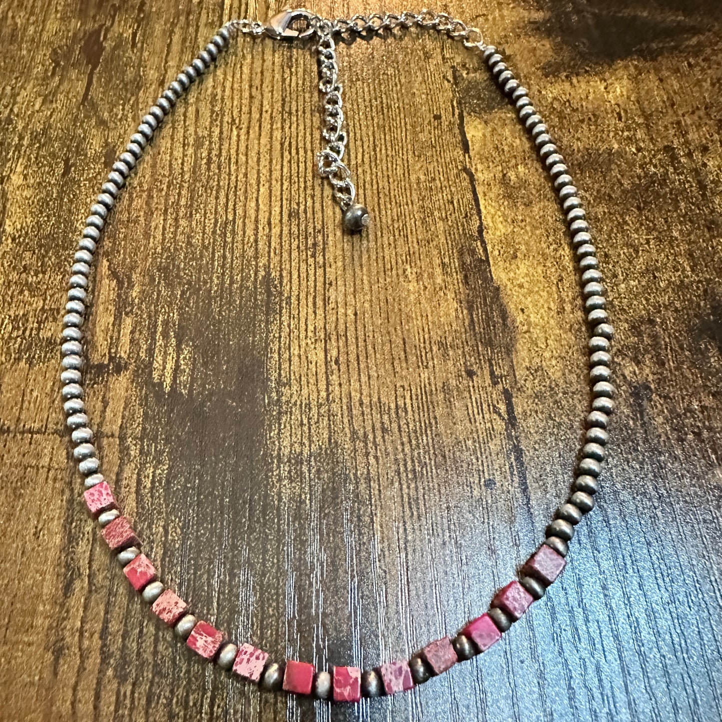 Handmade Square Gemstone Necklace , Faux Silver Pearl Navajo Beads 15 to 20 Inches Silver Elegant