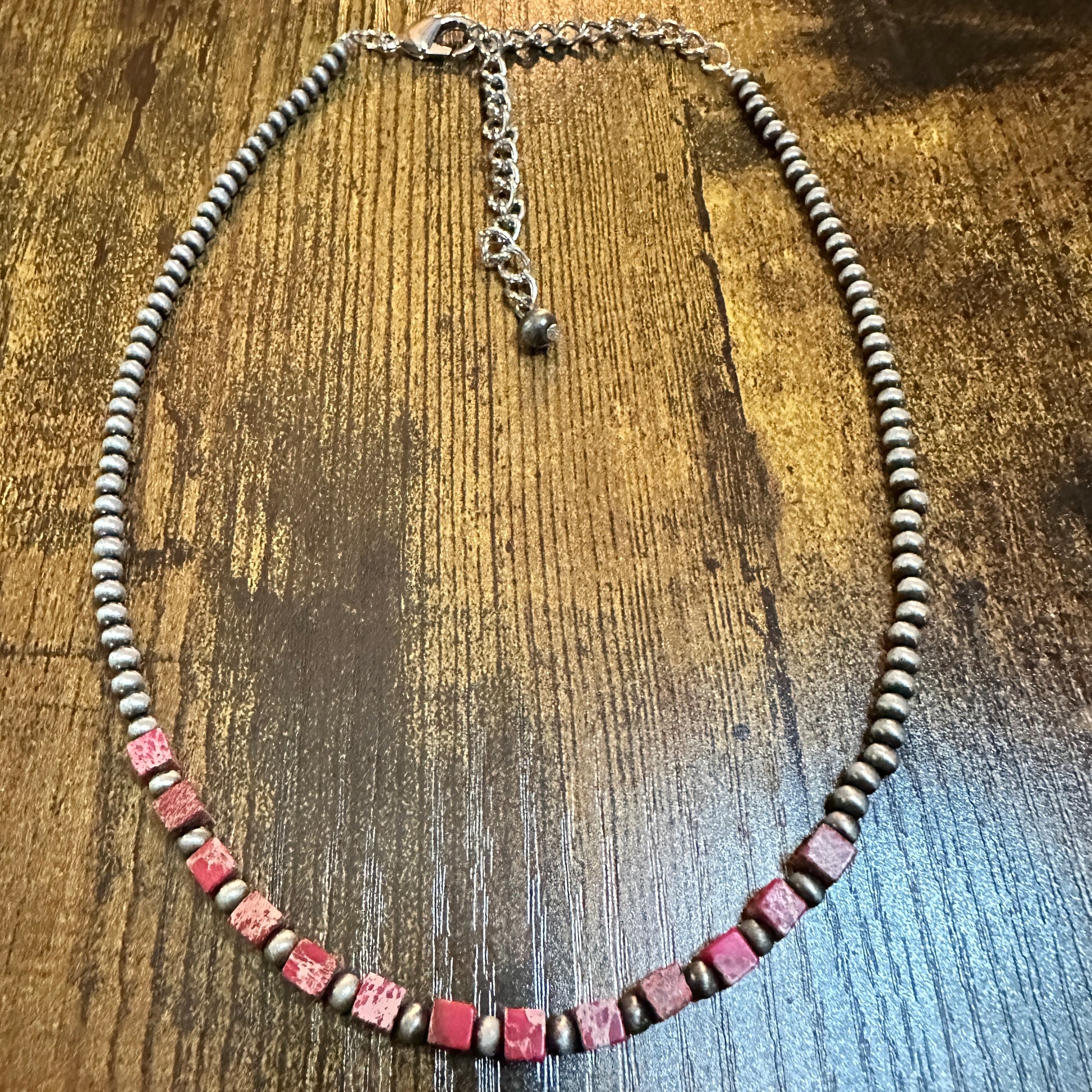 Handmade Square Gemstone Necklace , Faux Silver Pearl Navajo Beads 15 to 20 Inches Silver Elegant