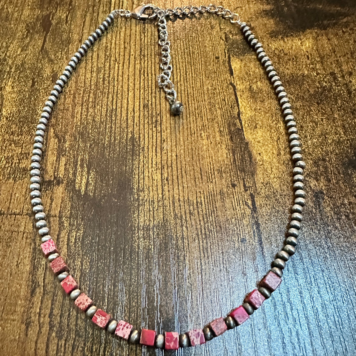 Handmade Square Gemstone Necklace , Faux Silver Pearl Navajo Beads 15 to 20 Inches Silver Elegant