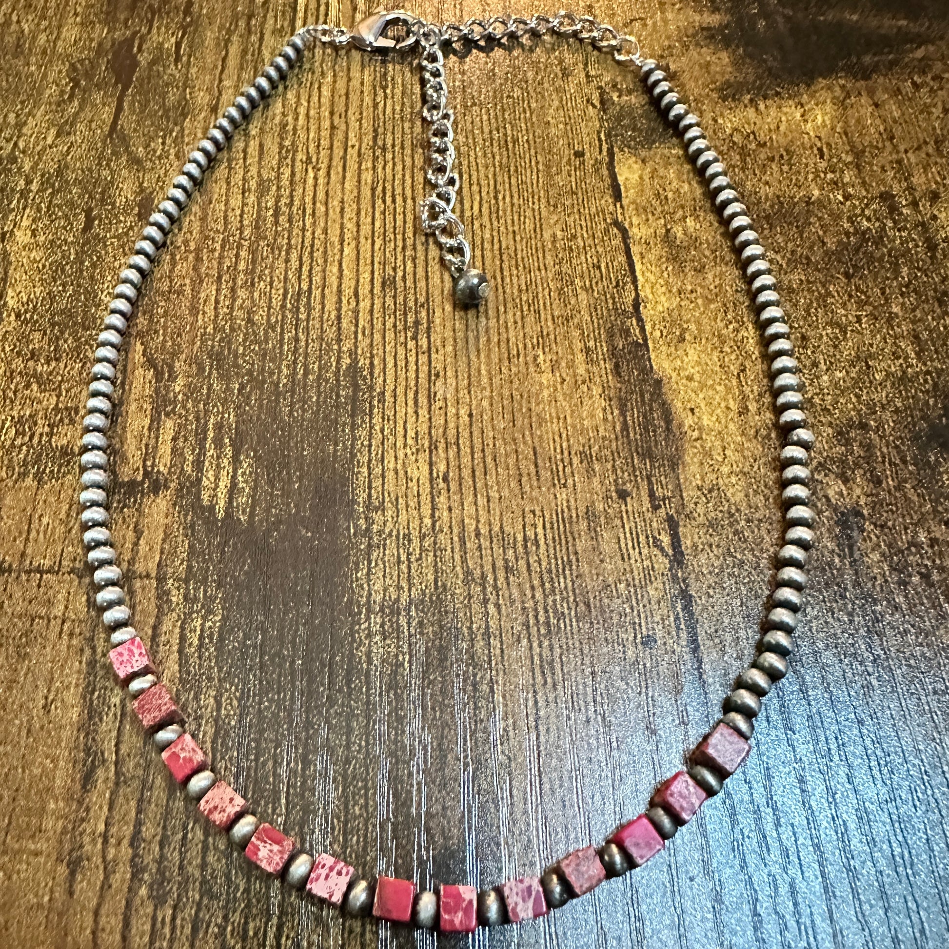 Handmade Square Gemstone Necklace , Faux Silver Pearl Navajo Beads 15 to 20 Inches Silver Elegant