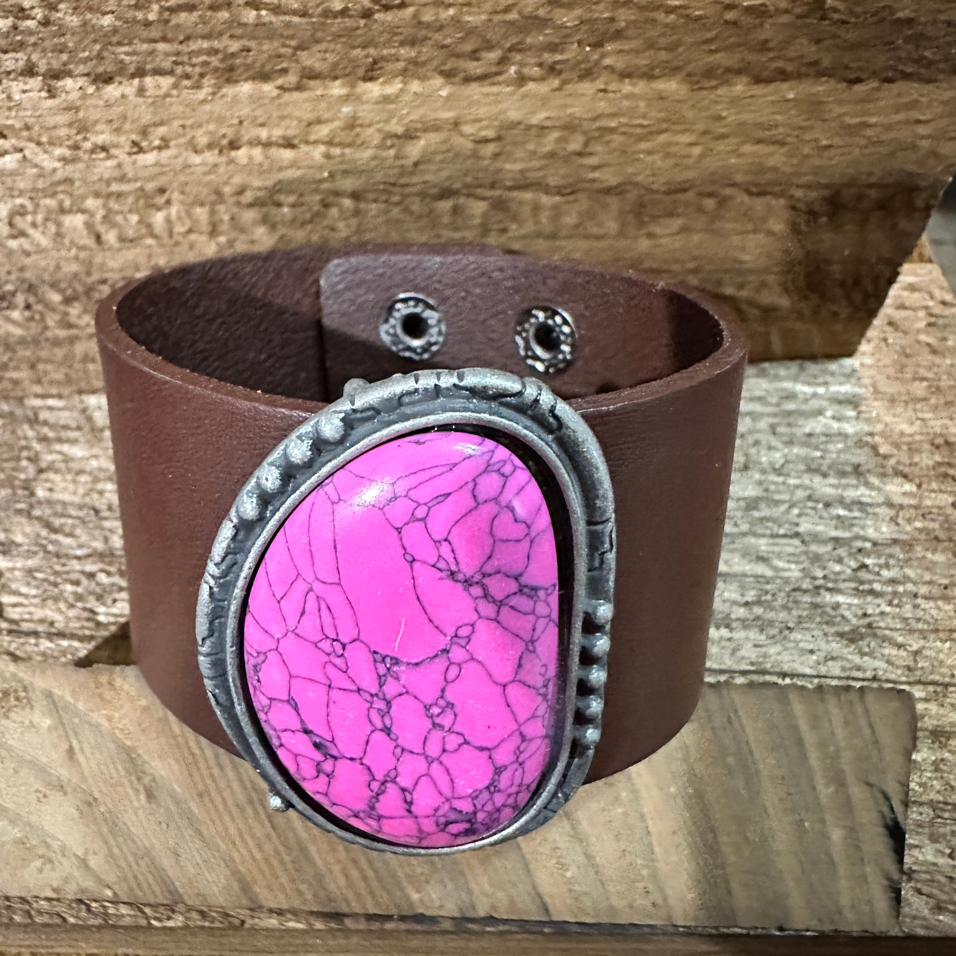 Hot Pink Stone and Dark Brown Leather Cuff Bracelet WildWestBoho