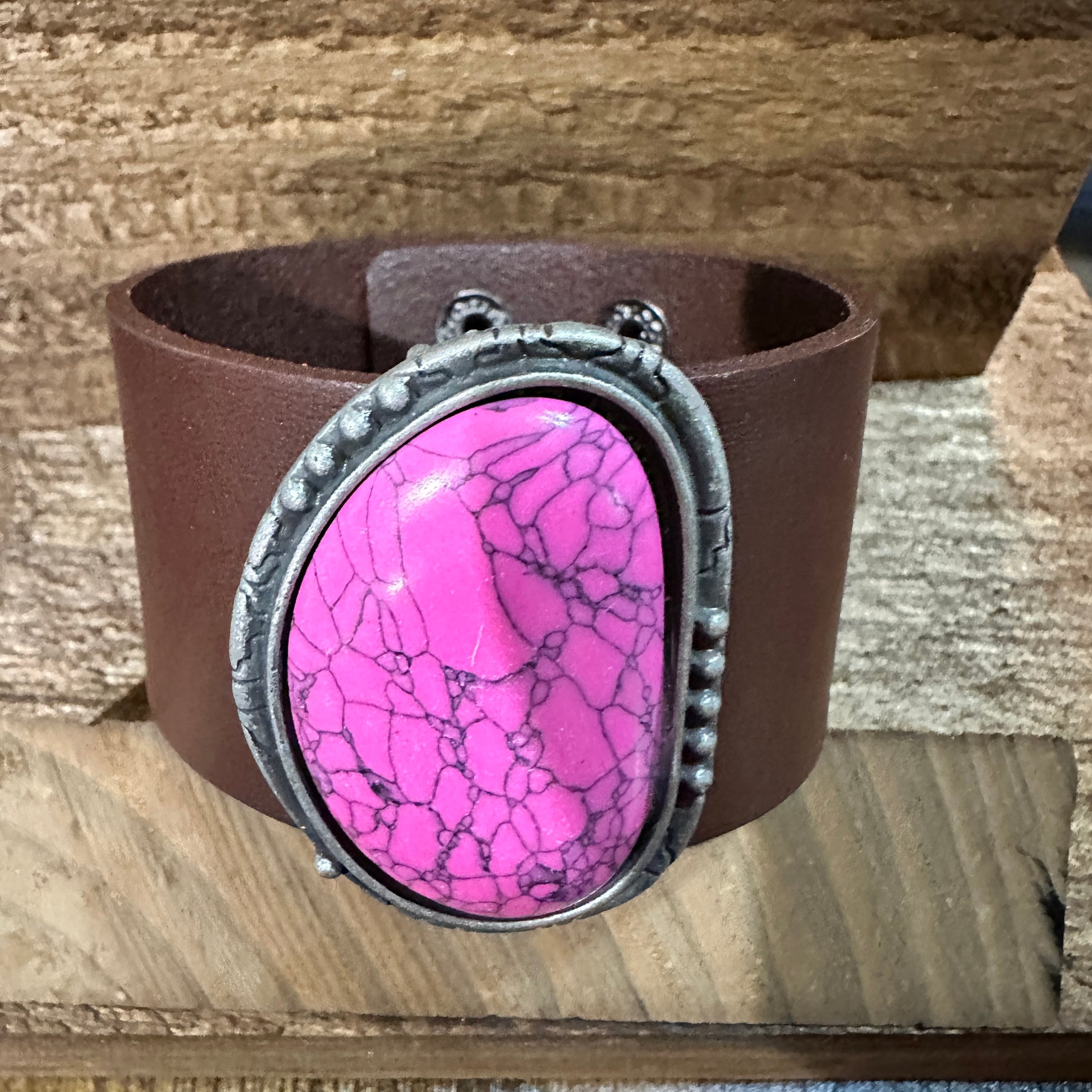 Hot Pink Stone and Dark Brown Leather Cuff Bracelet WildWestBoho