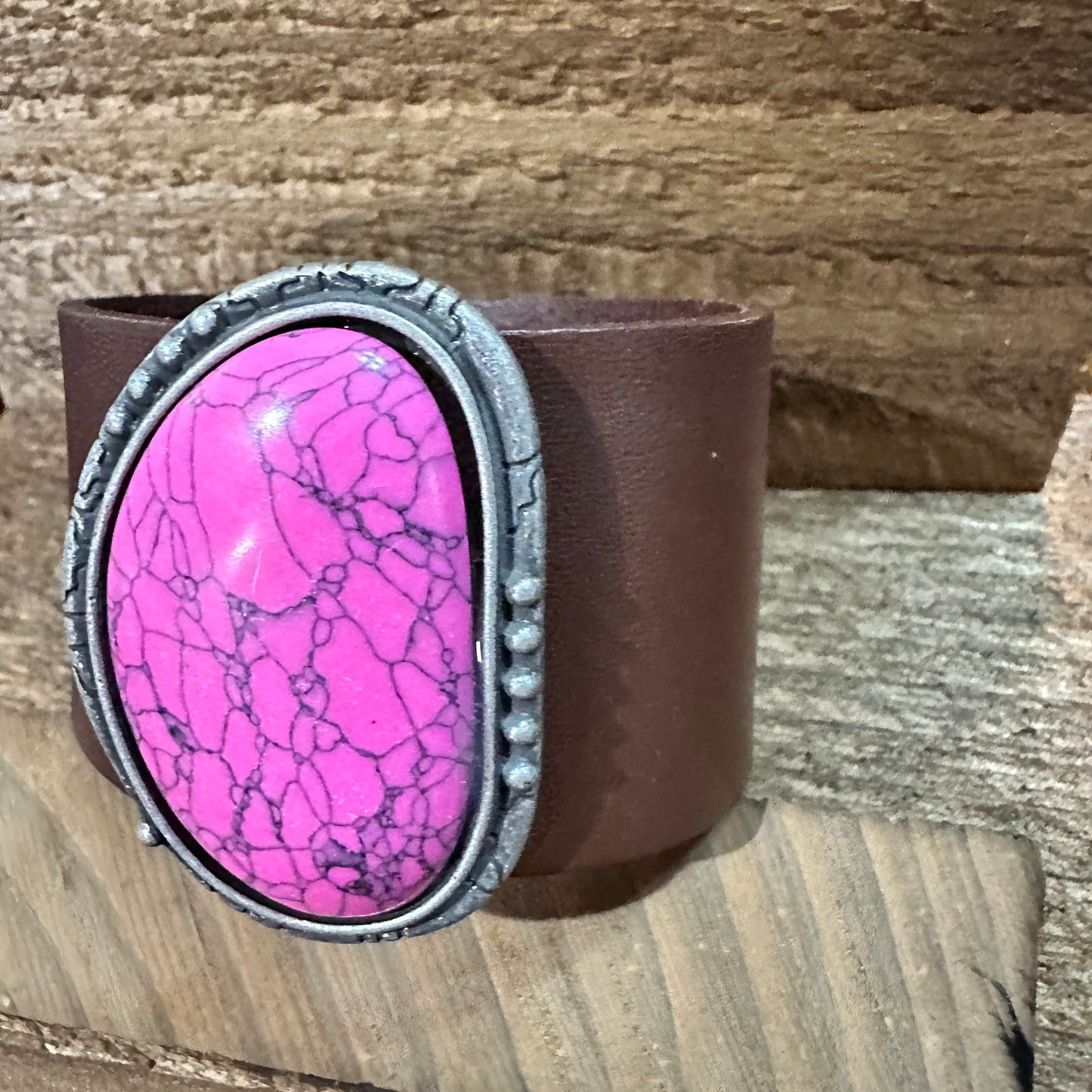 Hot Pink Stone and Dark Brown Leather Cuff Bracelet WildWestBoho