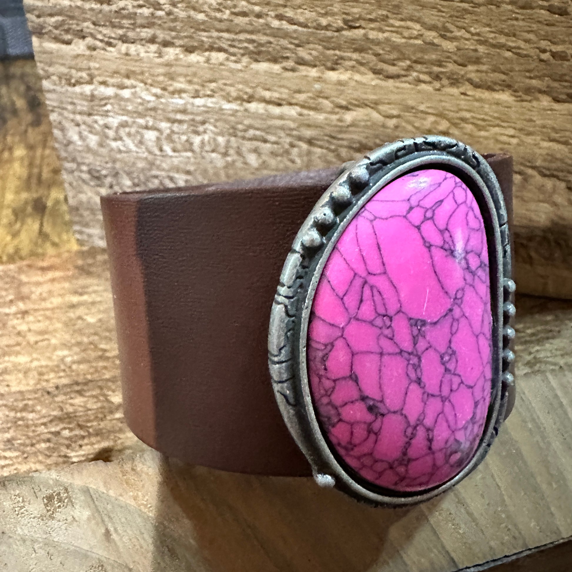 Hot Pink Stone and Dark Brown Leather Cuff Bracelet WildWestBoho