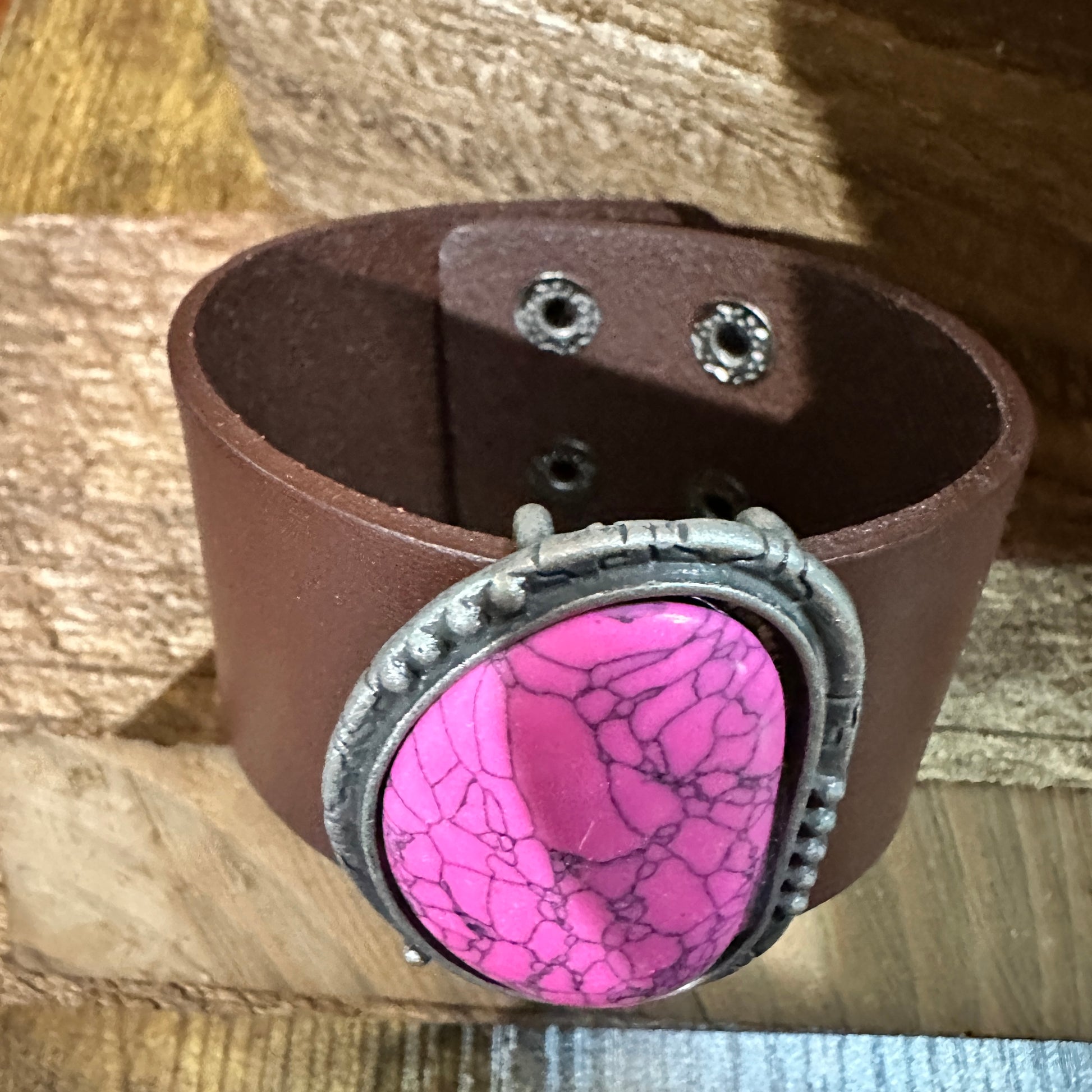 Hot Pink Stone and Dark Brown Leather Cuff Bracelet WildWestBoho