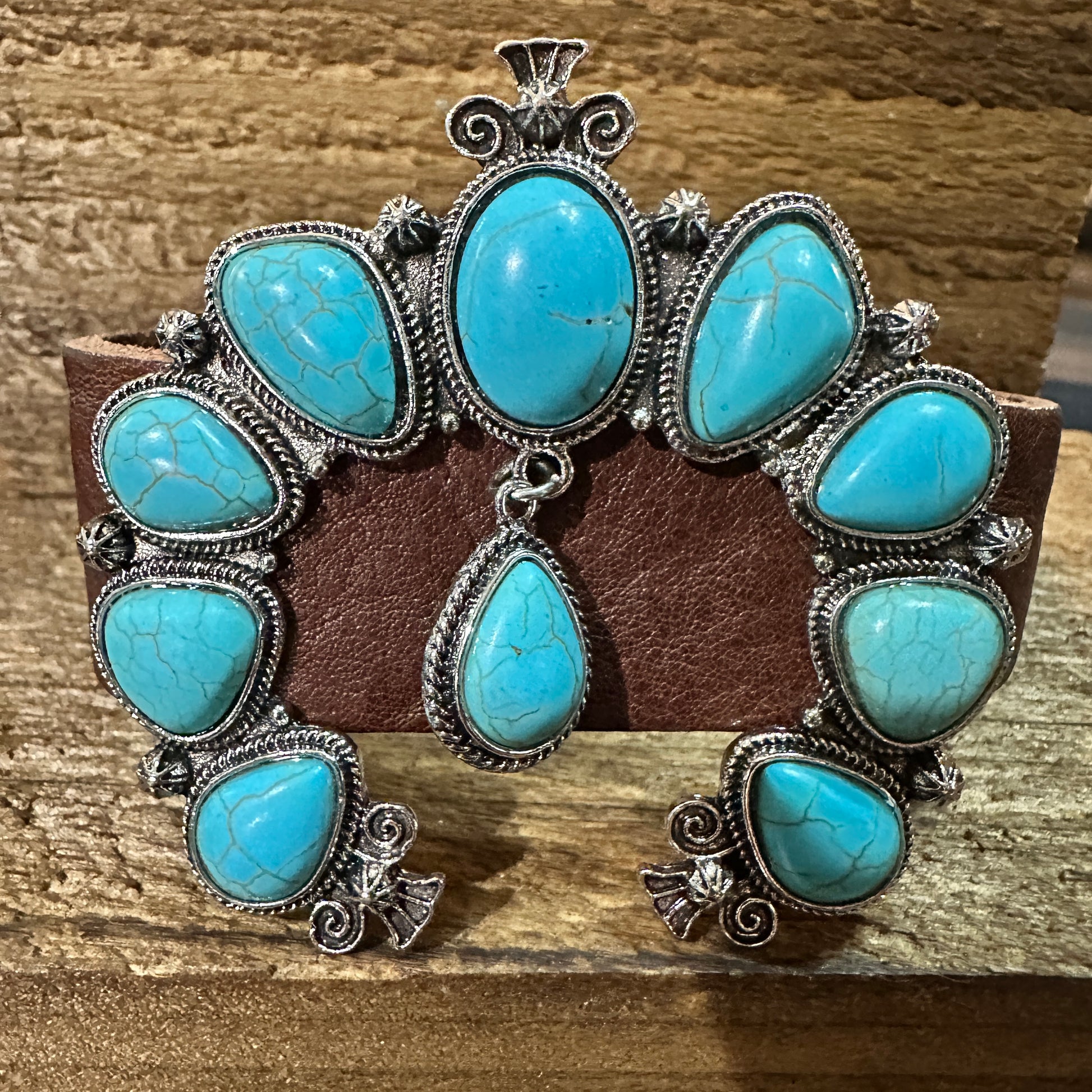Brown Leather Bracelet with Large Blue Turquoise Blossom Design WildWestBoho