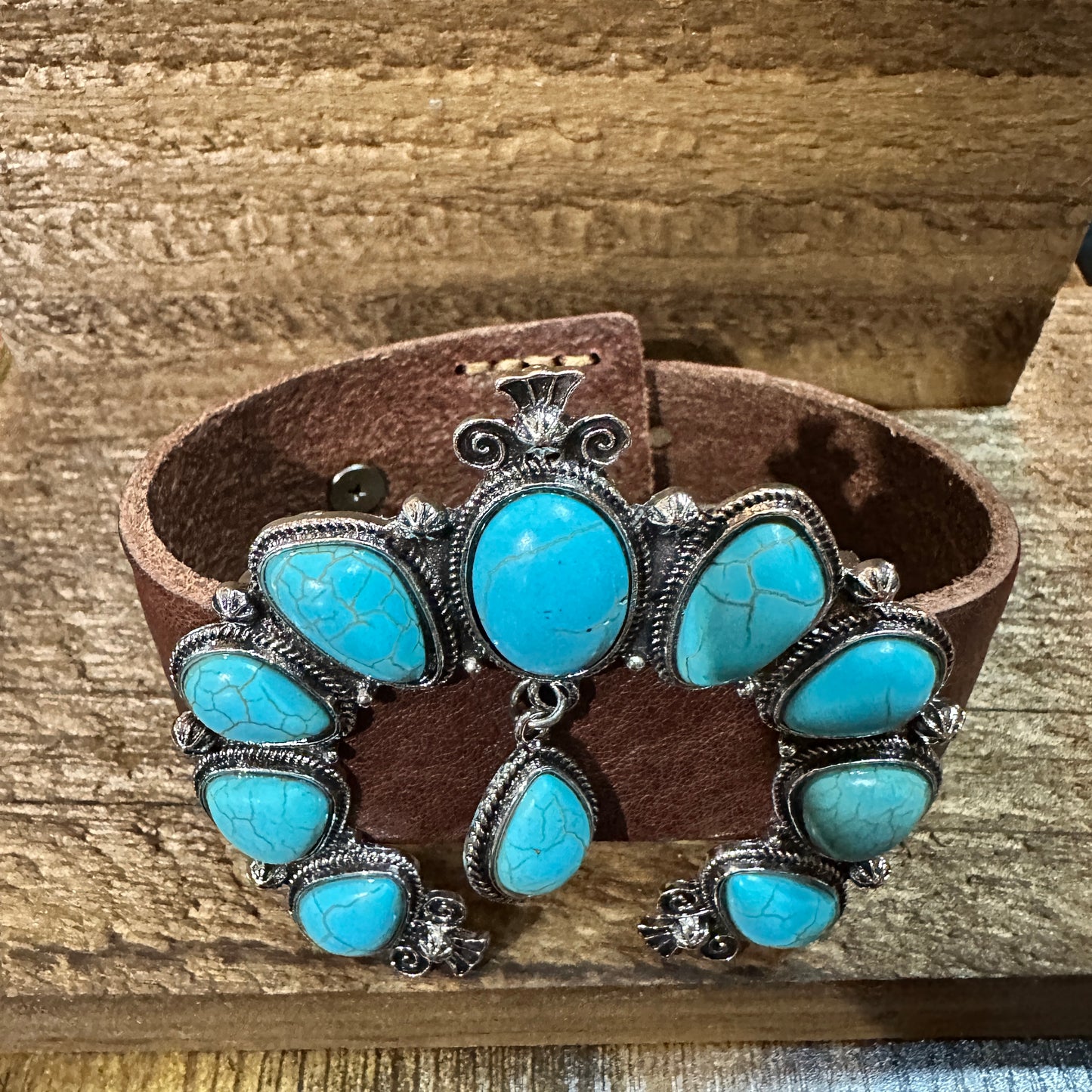 Brown Leather Bracelet with Large Blue Turquoise Blossom Design WildWestBoho