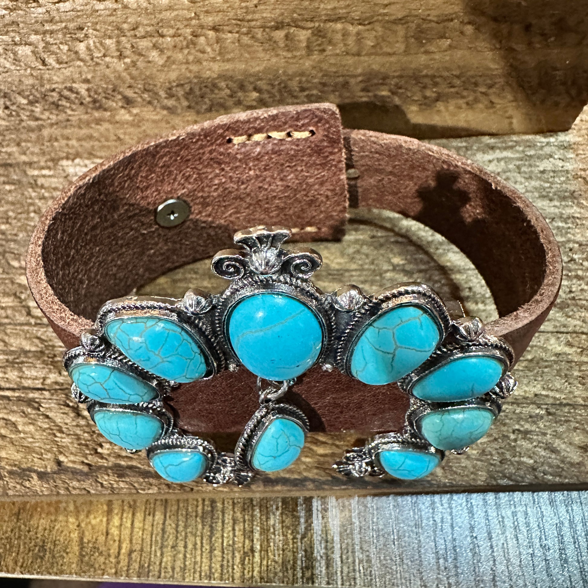 Brown Leather Bracelet with Large Blue Turquoise Blossom Design WildWestBoho