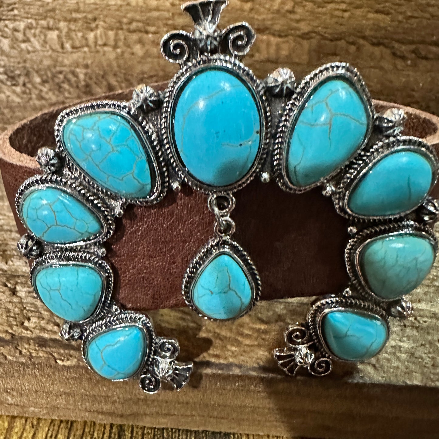 Brown Leather Bracelet with Large Blue Turquoise Blossom Design WildWestBoho