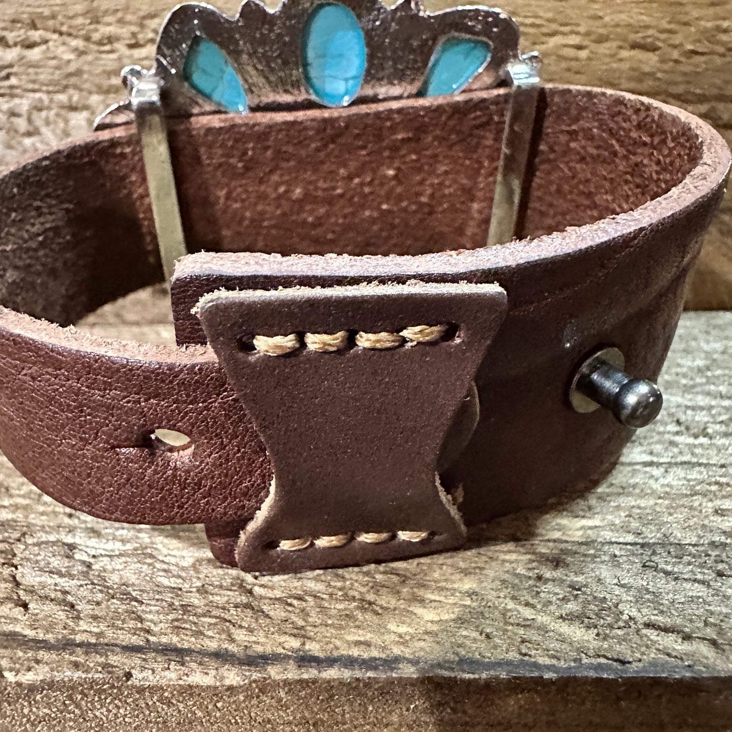 Brown Leather Bracelet with Large Blue Turquoise Blossom Design WildWestBoho