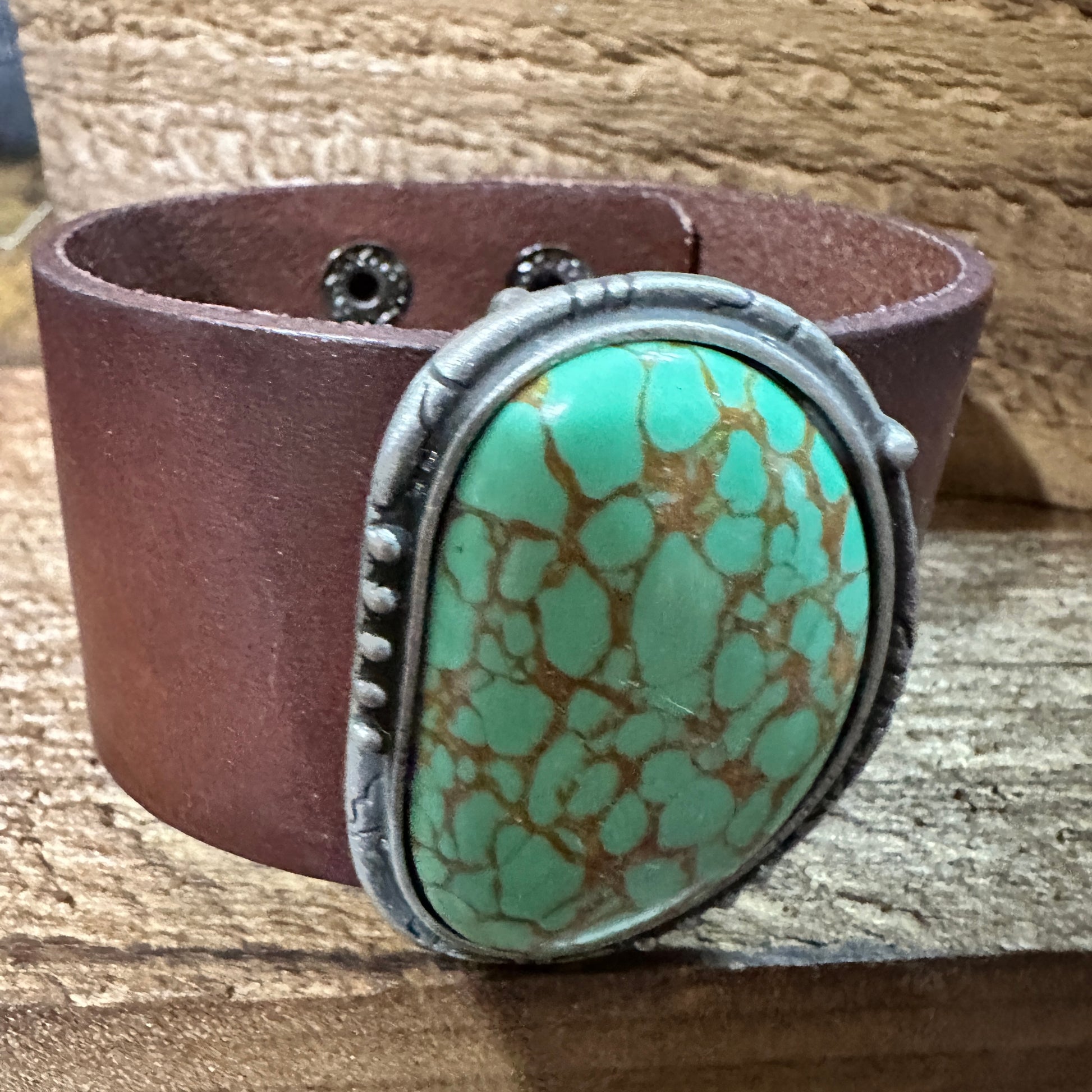Natural Green Stone Dark Brown Leather Cuff Bracelet, Leather Accessories WildWestBoho