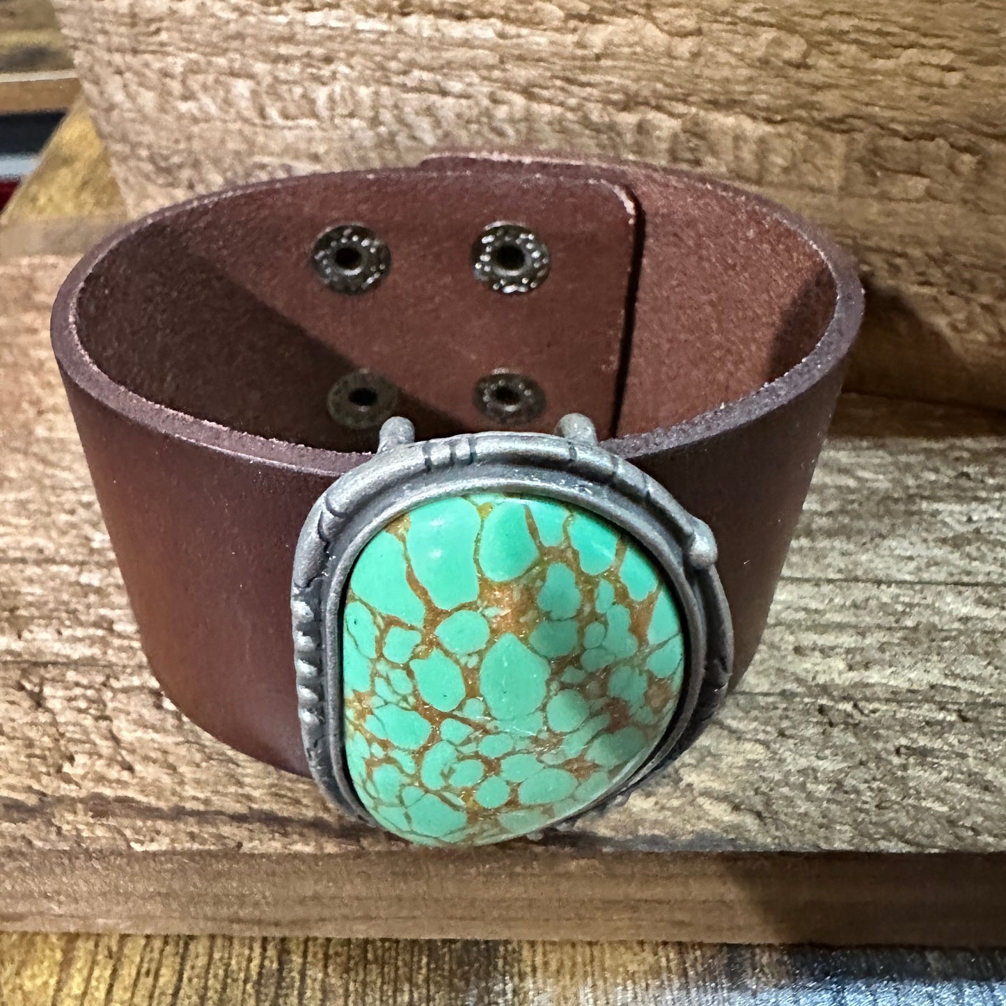 Natural Green Stone Dark Brown Leather Cuff Bracelet, Leather Accessories WildWestBoho