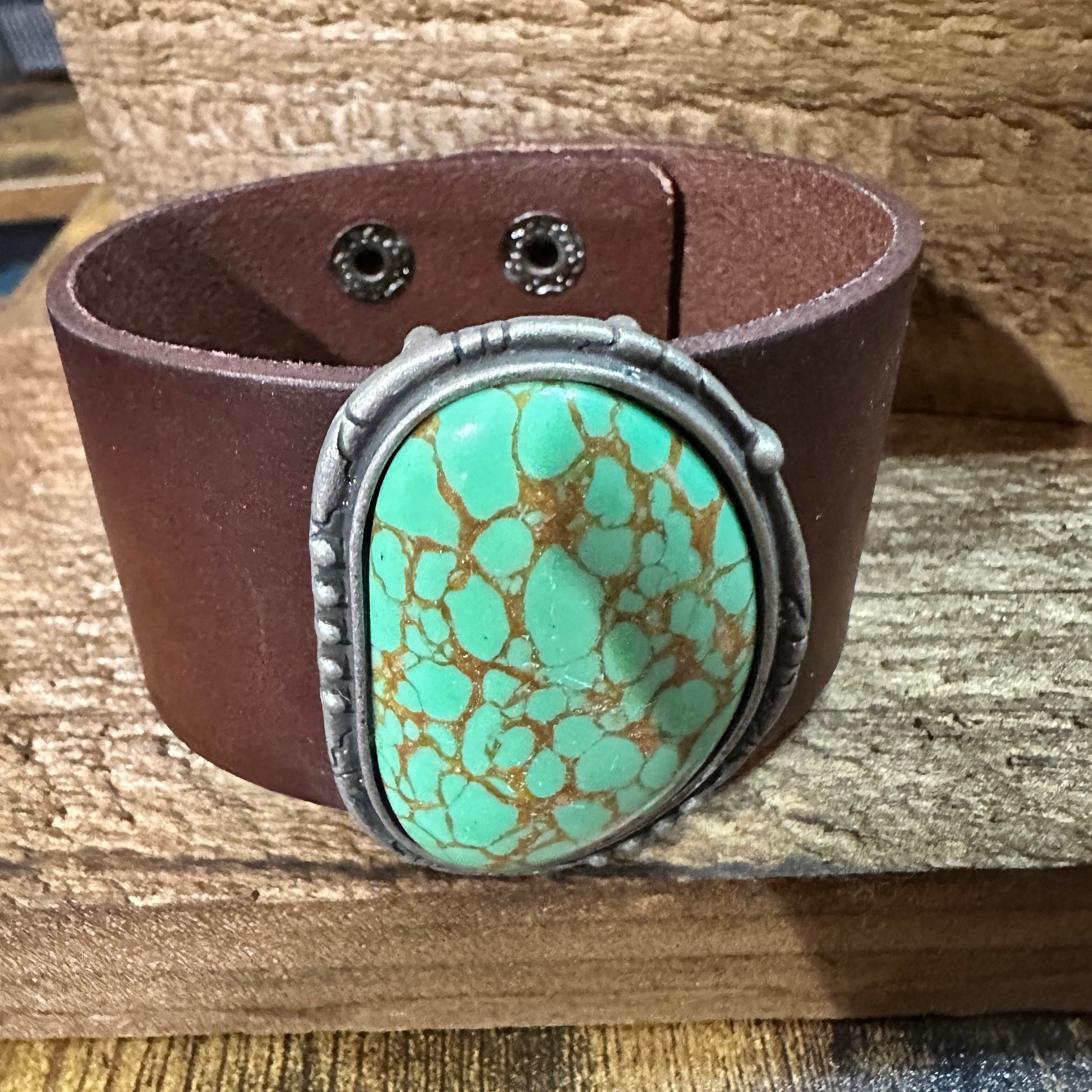 Natural Green Stone Dark Brown Leather Cuff Bracelet, Leather Accessories WildWestBoho