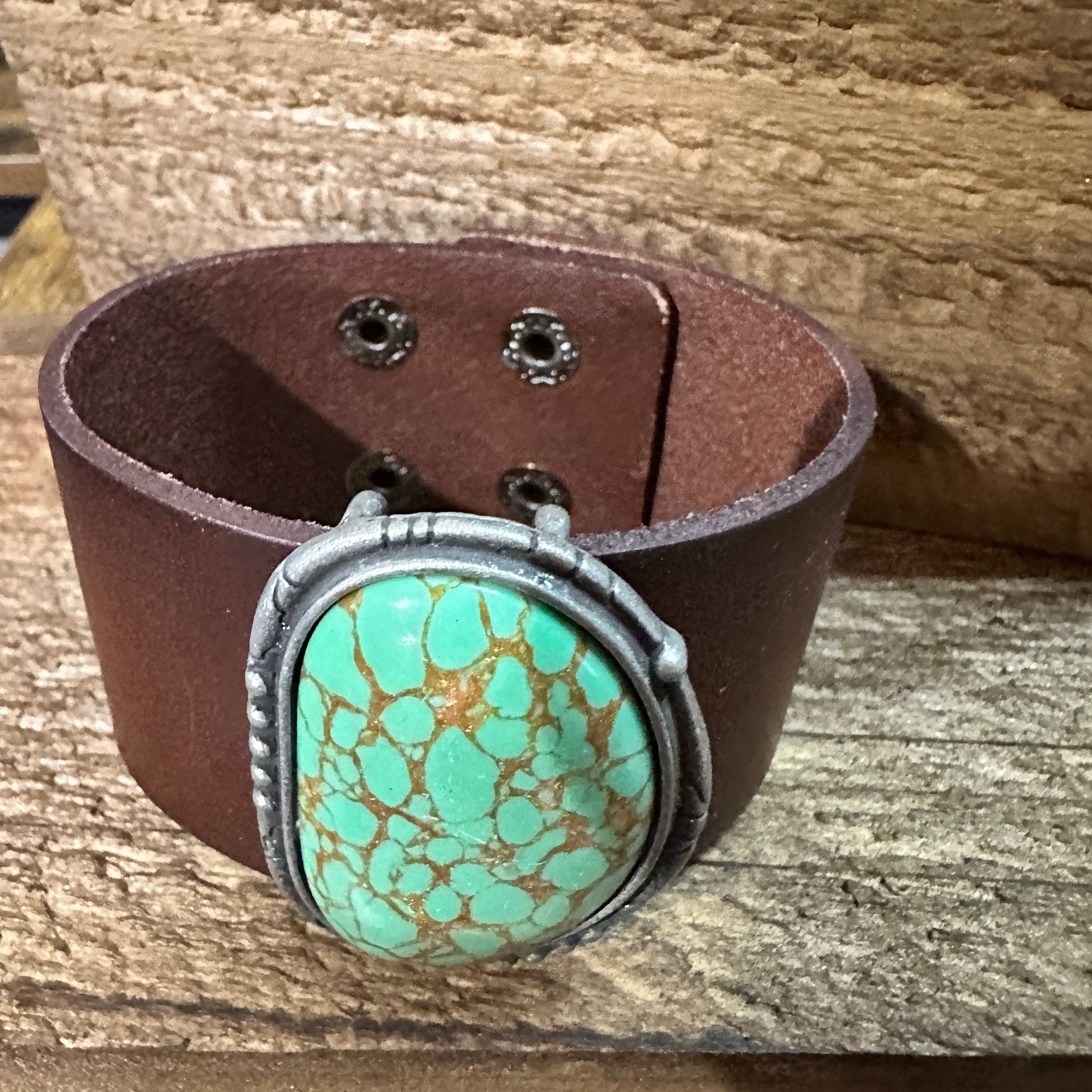 Natural Green Stone Dark Brown Leather Cuff Bracelet, Leather Accessories WildWestBoho
