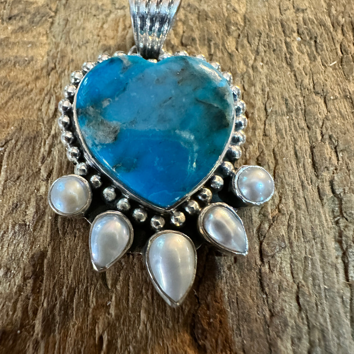 Kingman Turquoise and Pearl Sterling Silver Heart Pendant Silver Elegant