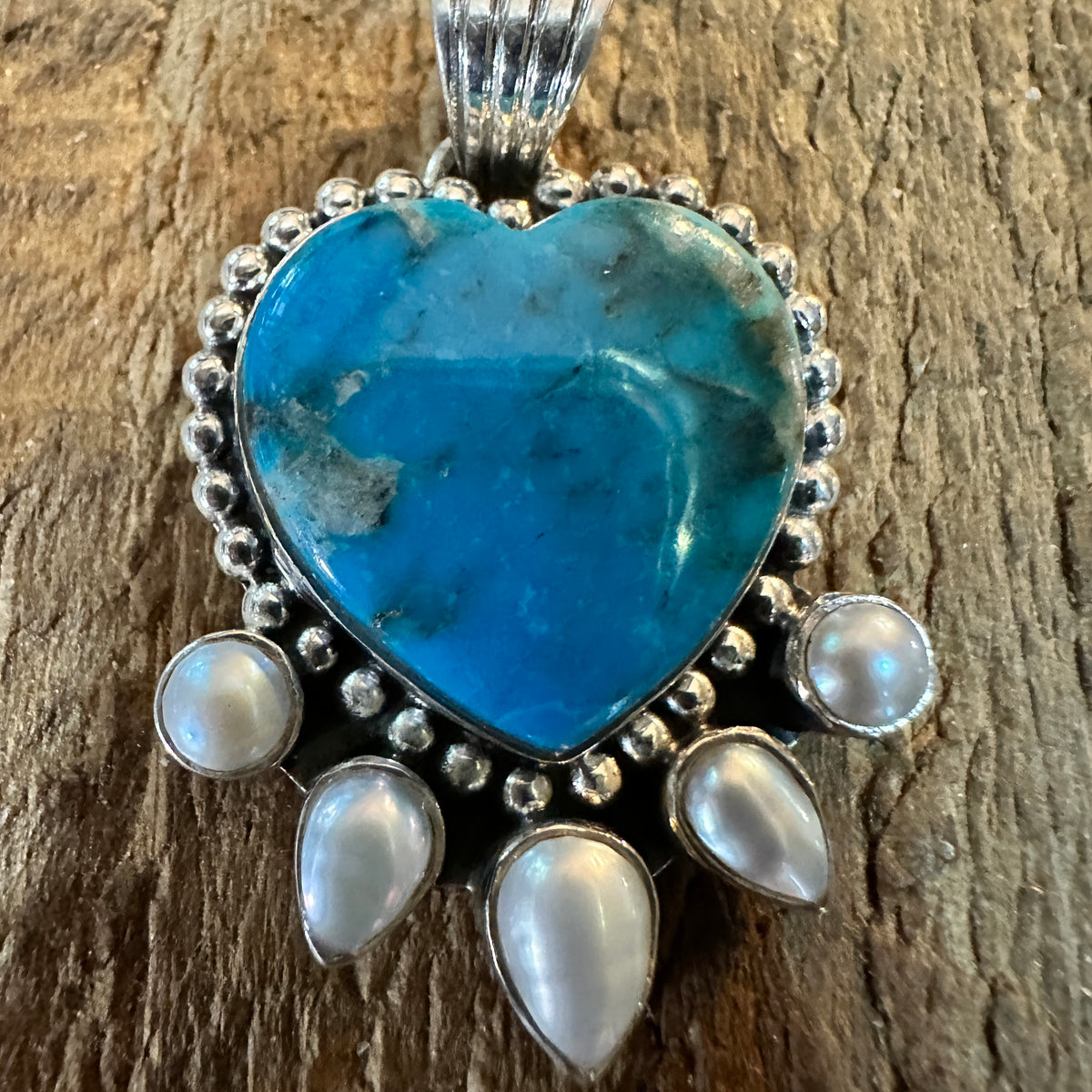 Kingman Turquoise and Pearl Sterling Silver Heart Pendant Silver Elegant