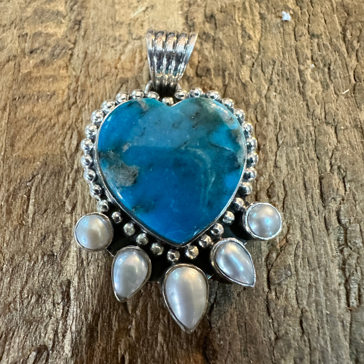 Kingman Turquoise and Pearl Sterling Silver Heart Pendant Silver Elegant