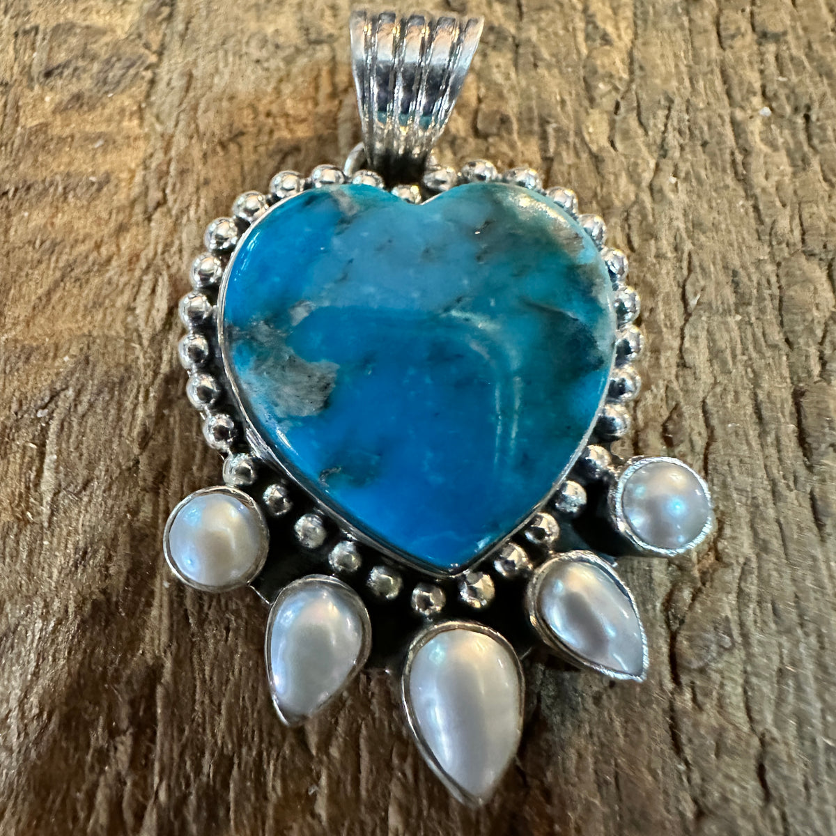 Kingman Turquoise and Pearl Sterling Silver Heart Pendant Silver Elegant